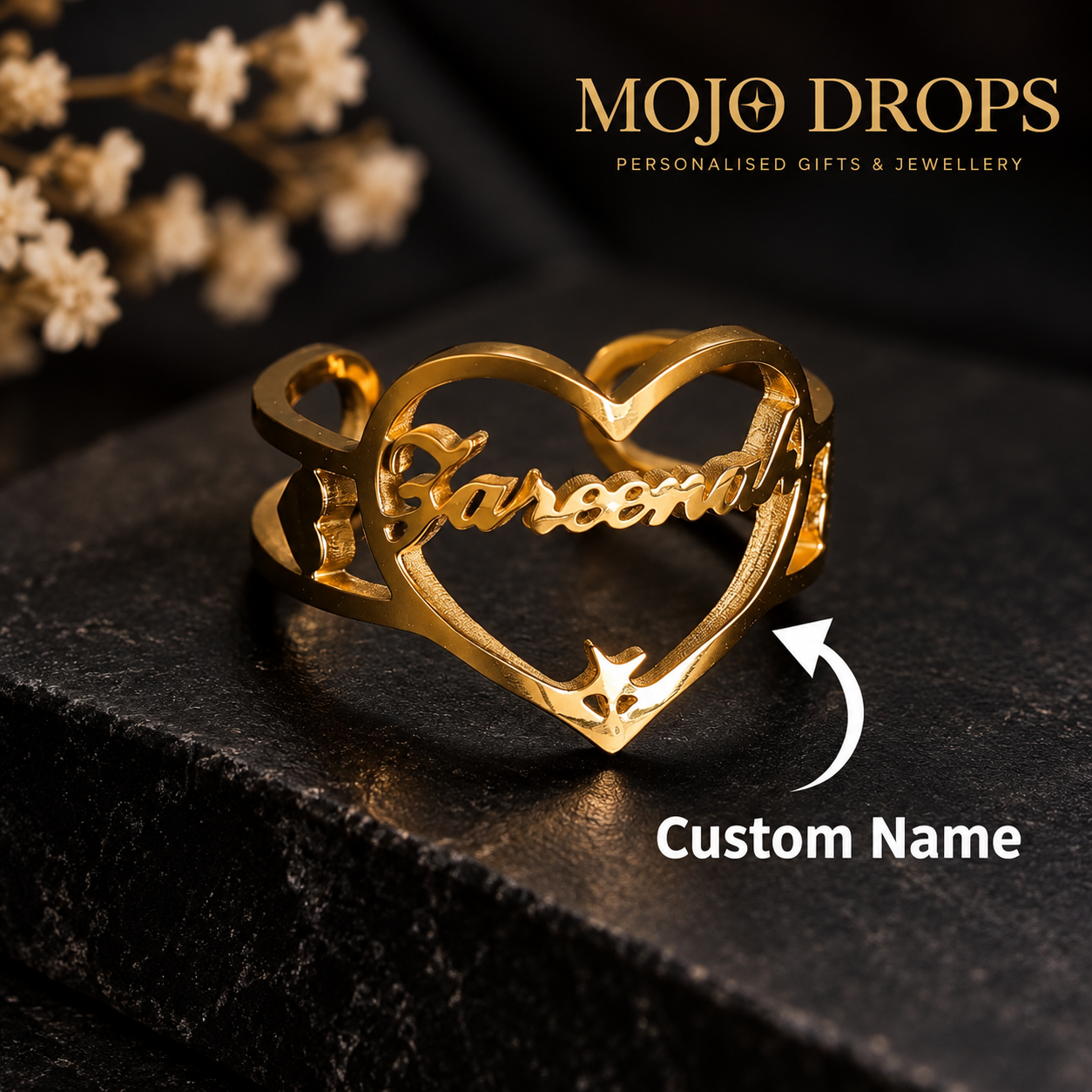 Custom Exquisite Heart Star Name Ring, Personalized Adjustable Open Stainless Steel Nameplate Ring, Suitable for Women/Couples/Family Members, 18K Gold Plated Pendant Jewelry, Wedding Accessories, Birthday Gift