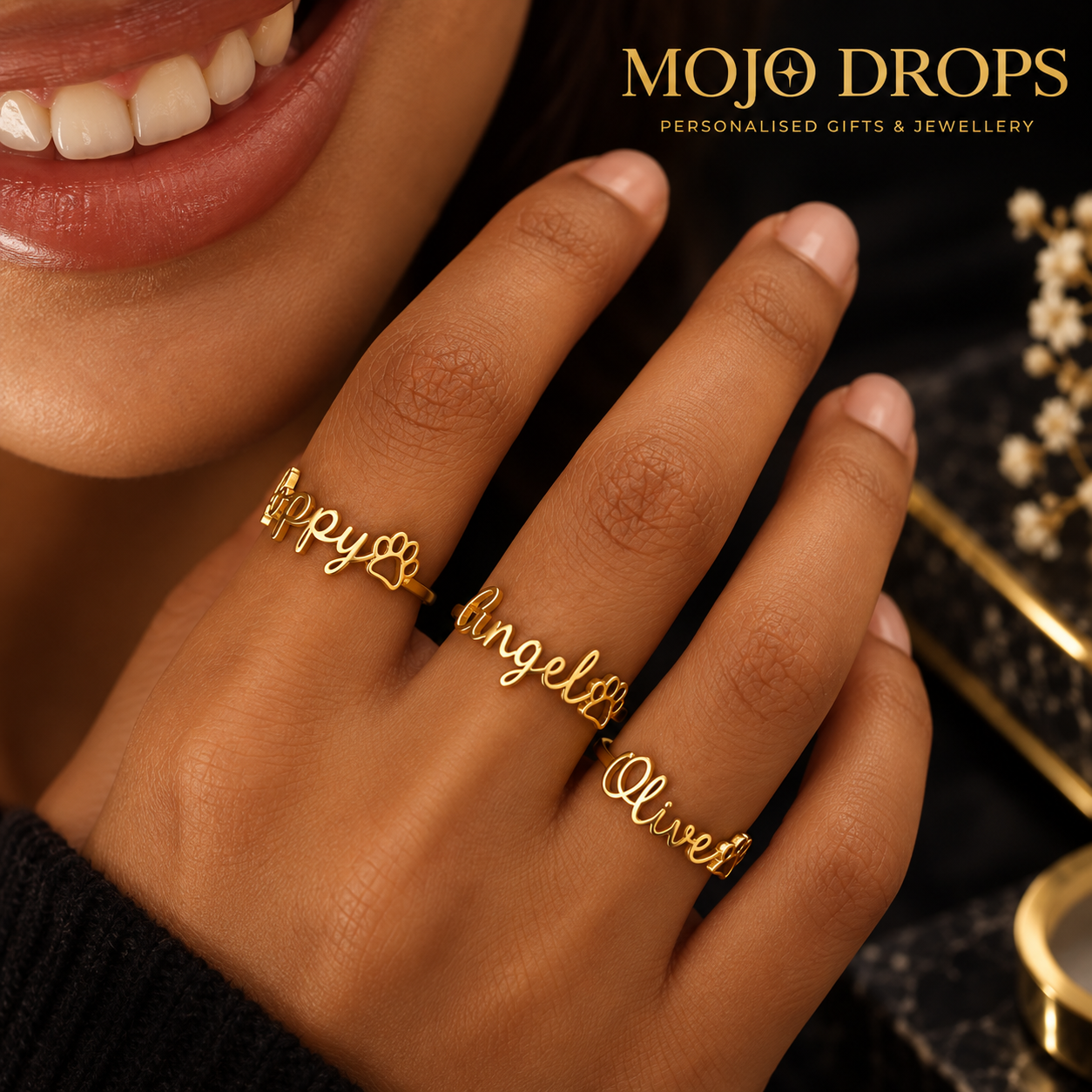 Exquisite Custom Pet Paw Print Name Ring, Personalized Adjustable Open Stainless Steel Ring, Suitable for Women/Couples/Family Members, 18K Gold Plated Animal Accessories, Wedding Accessories, Birthday & Mother's Day Gift