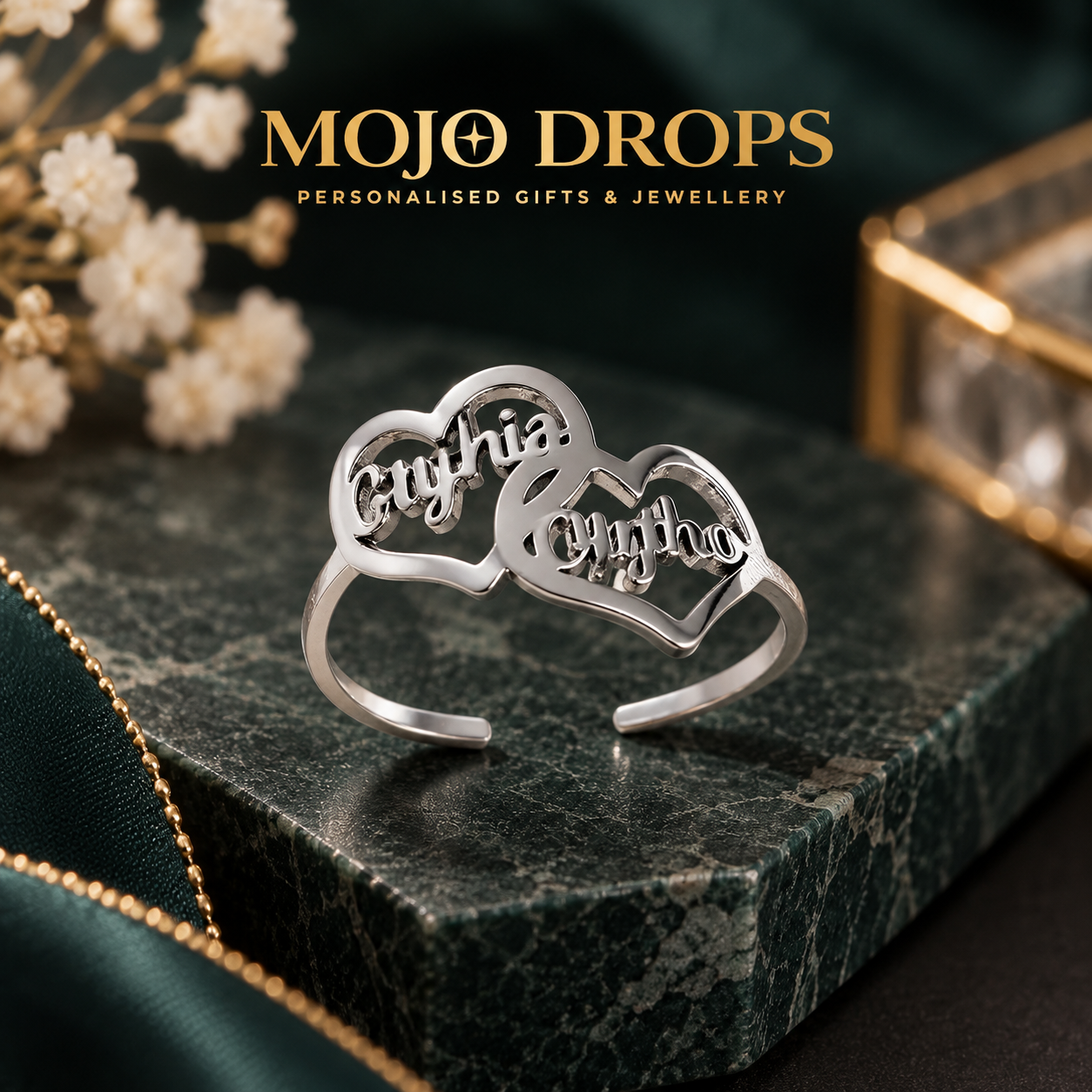 Women's Personalized Dual Heart Name Ring, Customizable Name, Adjustable Open Stainless Steel Ring, Custom Fashion Jewelry Accessories, Valentine's Day & Anniversary Gift