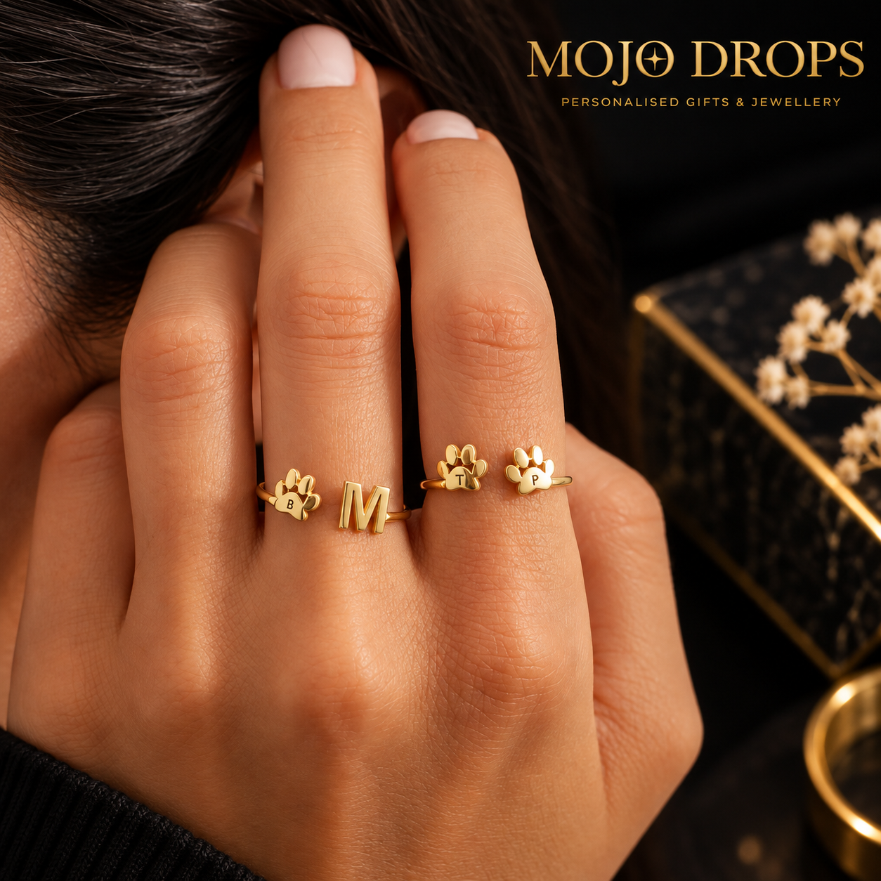 Exquisite Custom Pet Paw Print Name Ring, Personalized Adjustable Open Stainless Steel Ring, Suitable for Women/Couples/Family Members, 18K Gold Plated Animal Accessories, Wedding Accessories, Birthday & Mother's Day Gift