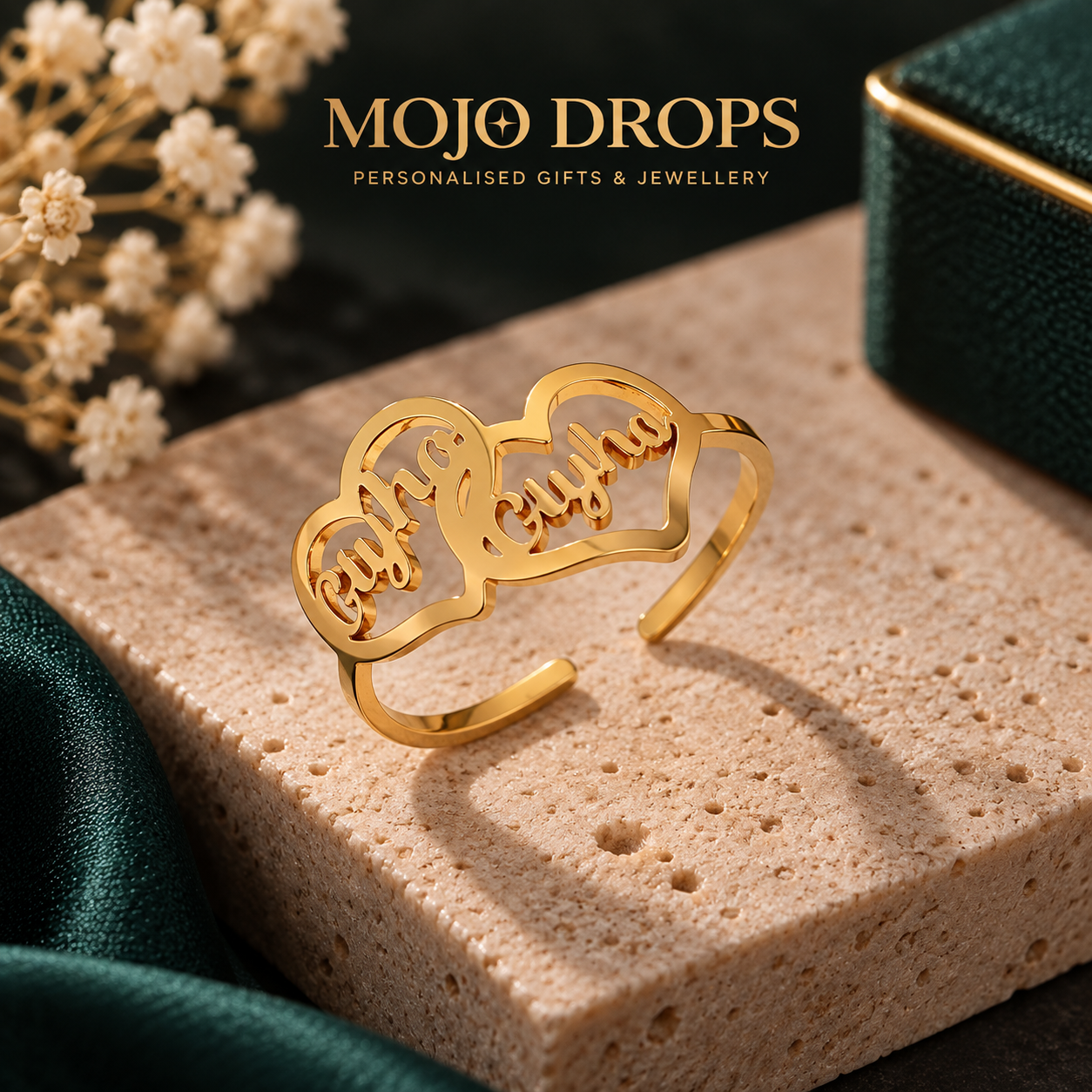 Women's Personalized Dual Heart Name Ring, Customizable Name, Adjustable Open Stainless Steel Ring, Custom Fashion Jewelry Accessories, Valentine's Day & Anniversary Gift