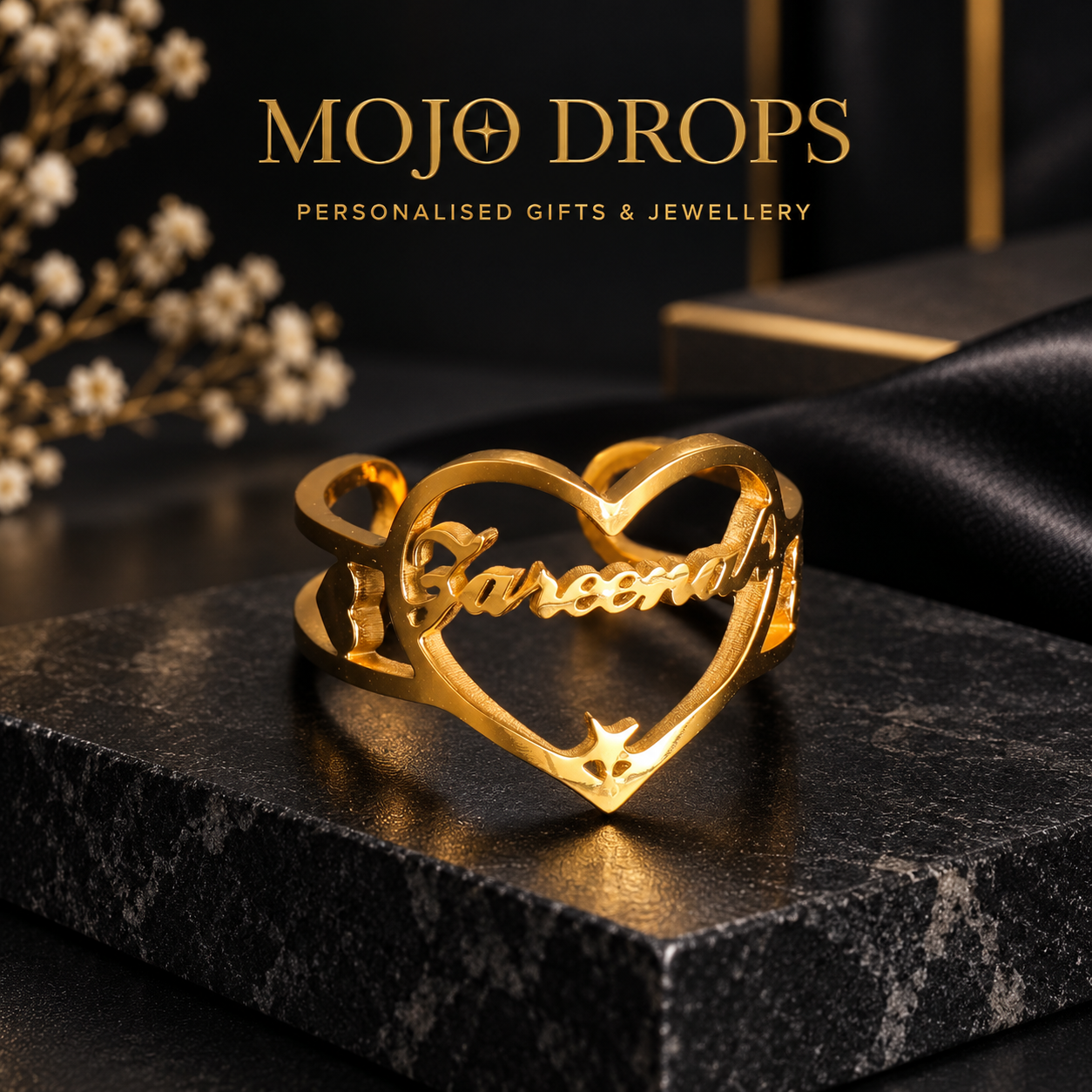 Custom Exquisite Heart Star Name Ring, Personalized Adjustable Open Stainless Steel Nameplate Ring, Suitable for Women/Couples/Family Members, 18K Gold Plated Pendant Jewelry, Wedding Accessories, Birthday Gift