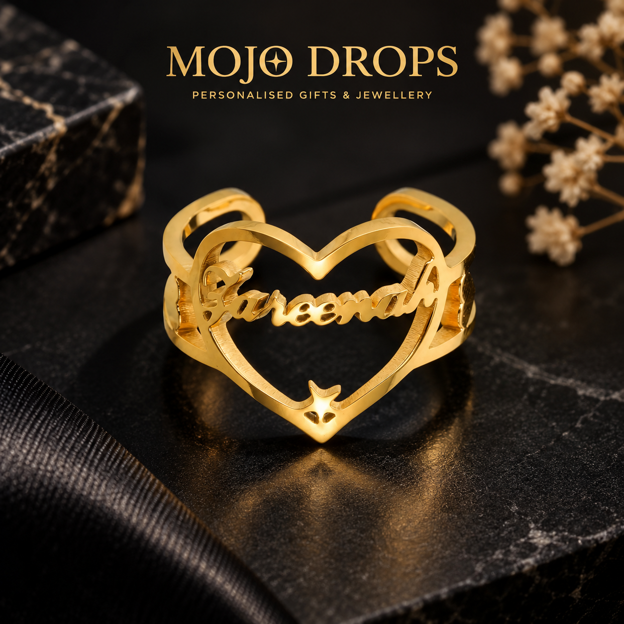 Custom Exquisite Heart Star Name Ring, Personalized Adjustable Open Stainless Steel Nameplate Ring, Suitable for Women/Couples/Family Members, 18K Gold Plated Pendant Jewelry, Wedding Accessories, Birthday Gift
