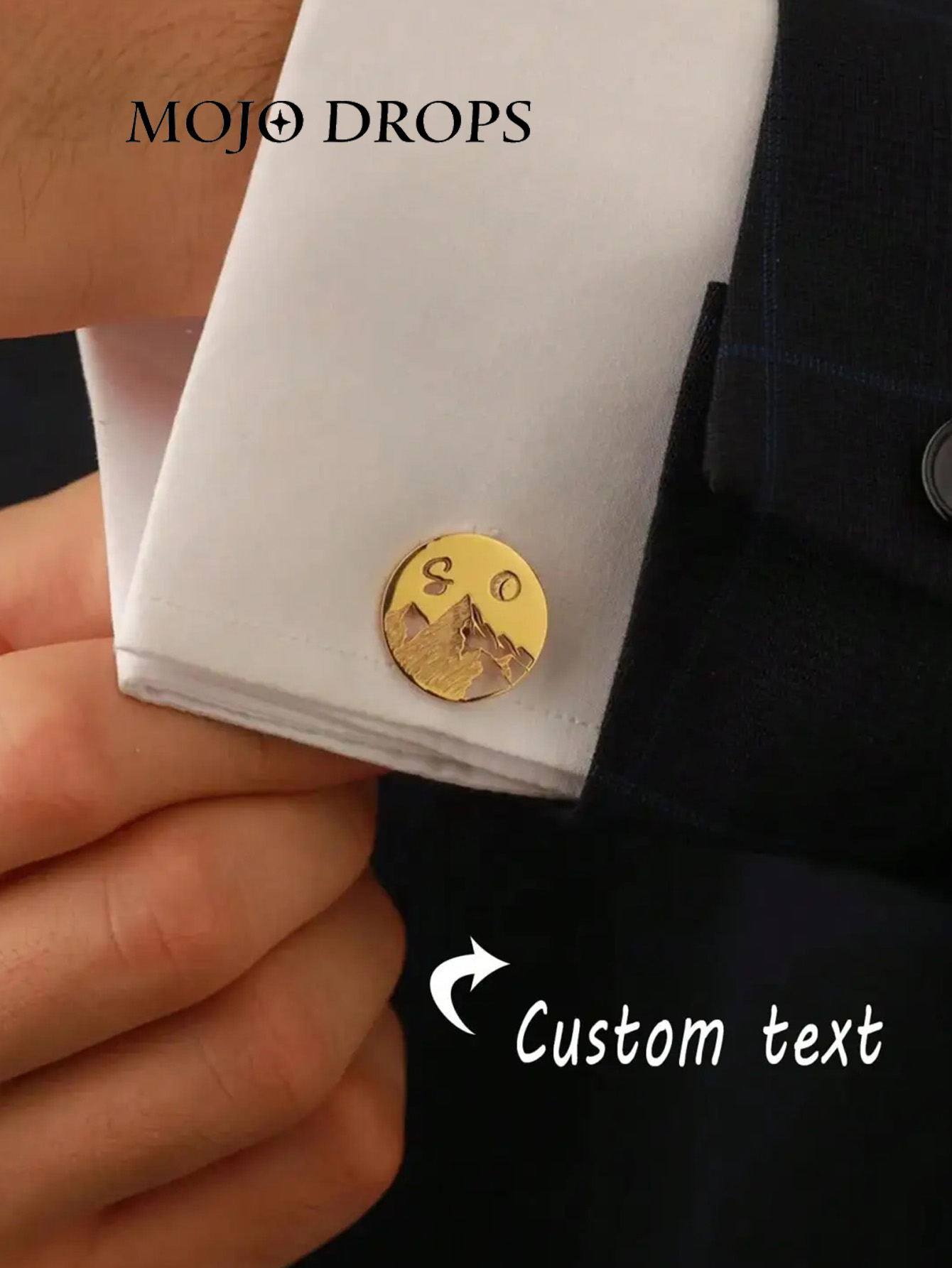MOJO DROPS 1 Pair Custom Mountain Shaped Letter Cufflinks for Men, Gold Stainless Steel, Personalized Birthday Jewelry Gift