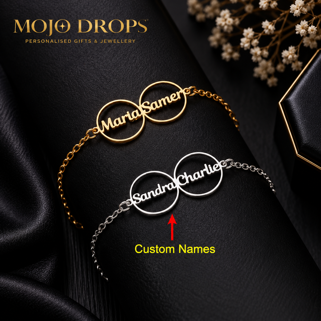 Women's Custom Dual Ring Dual Name Bracelet, Stainless Steel Material, Personalized Wrist Jewelry, Birthday Gift