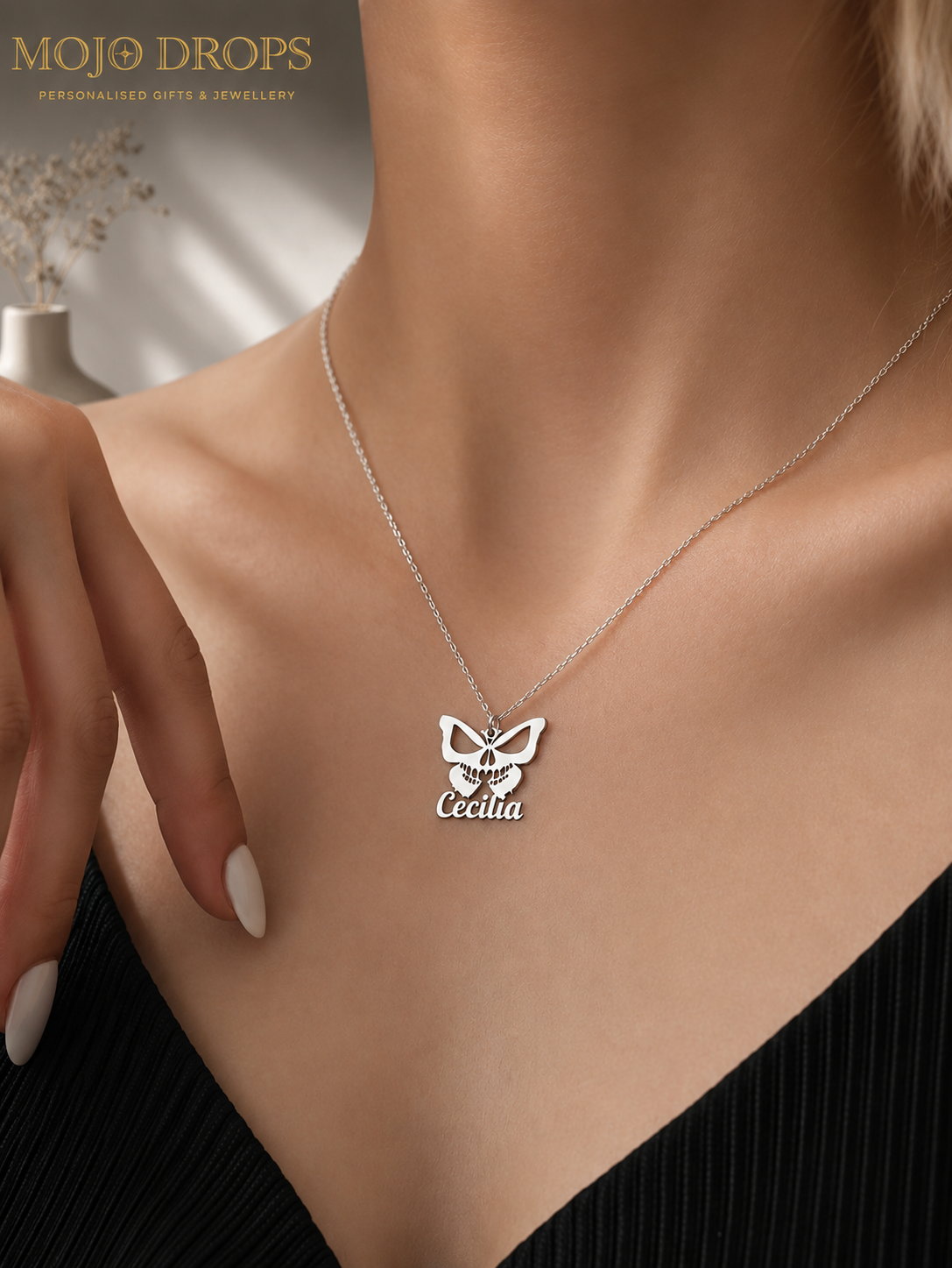 Custom Skull Butterfly Name Necklace
