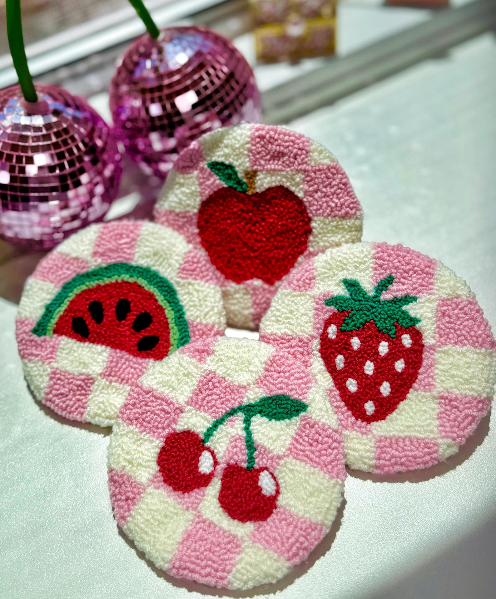 Punch Needle Kit - 4 Pack Checkered Fruits Design Mug Rug Coasters