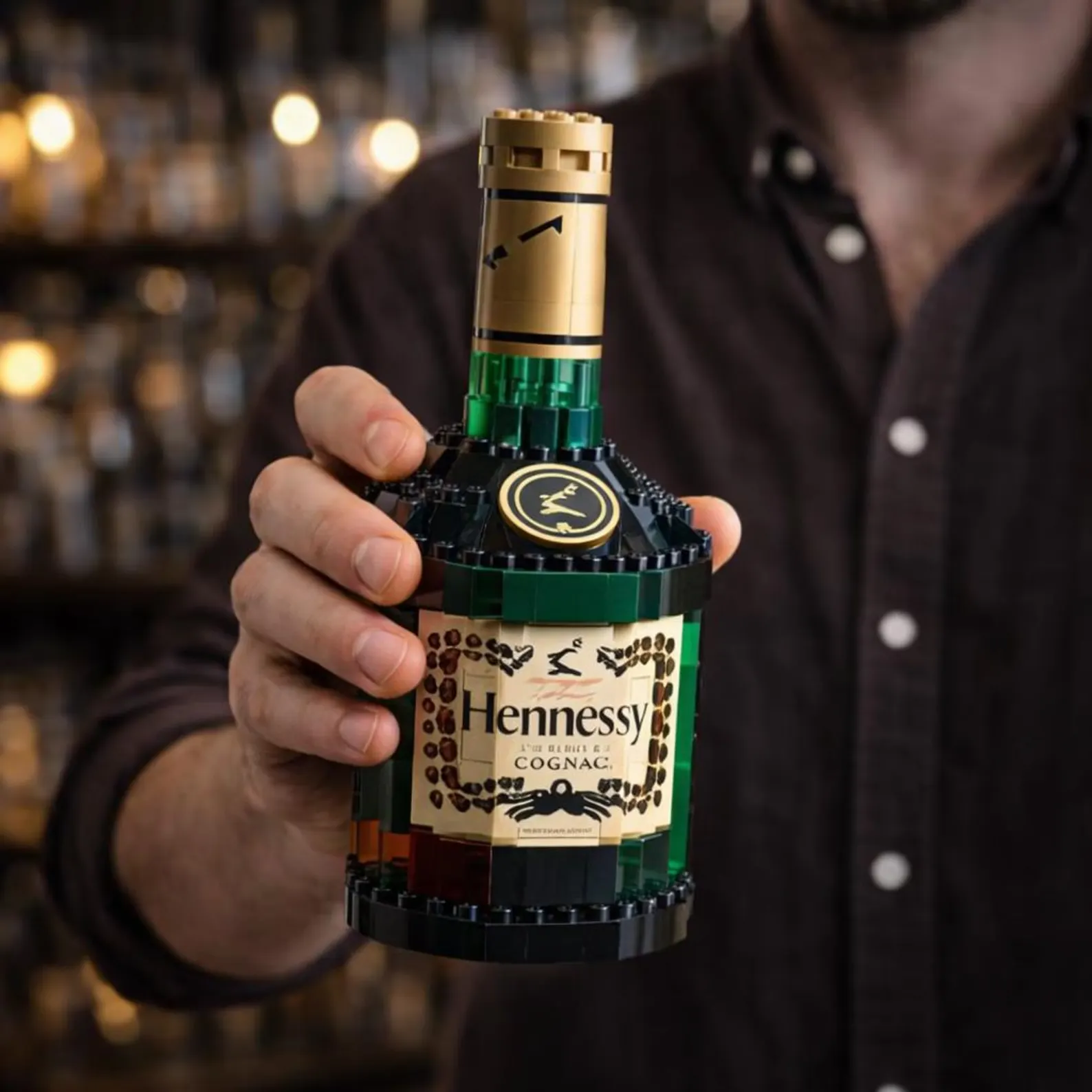 🍾Brick-Built Hennessy Cognac Bottle – Custom Bourbon Display – Bar Decor Gift for Him – Collector Alcohol Replica