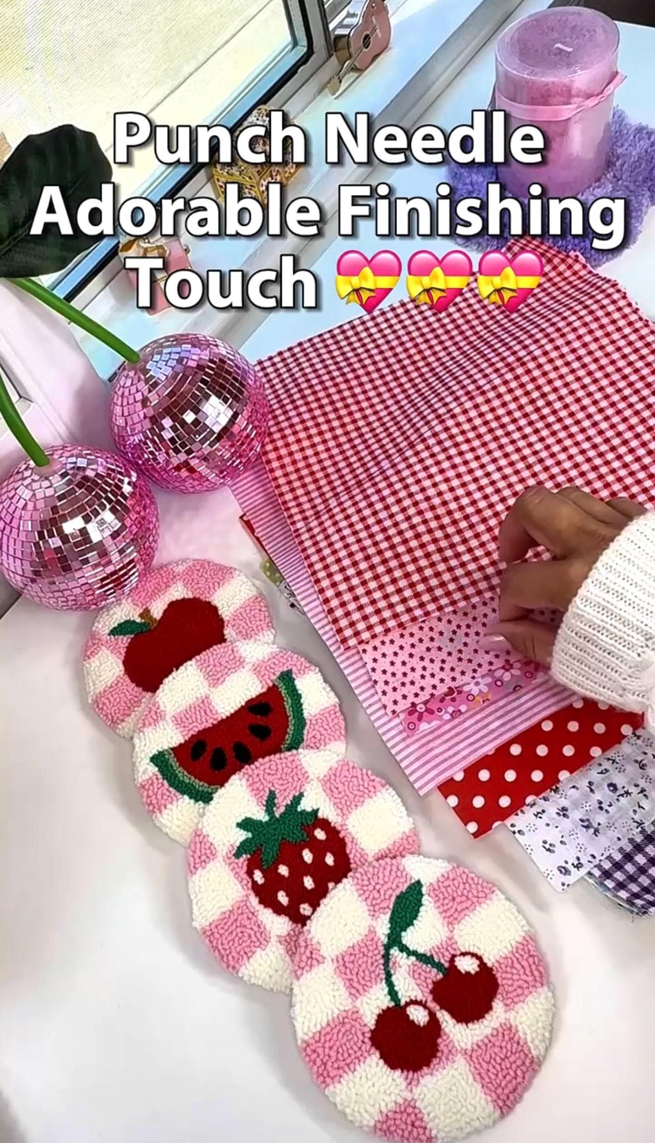 Punch Needle Kit - 4 Pack Checkered Fruits Design Mug Rug Coasters