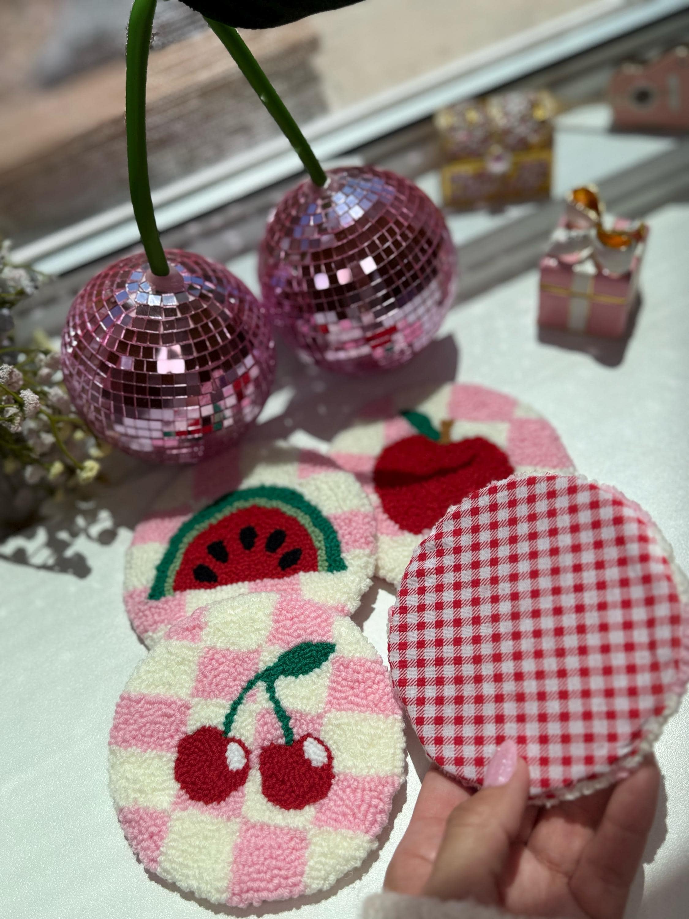 Punch Needle Kit - 4 Pack Checkered Fruits Design Mug Rug Coasters