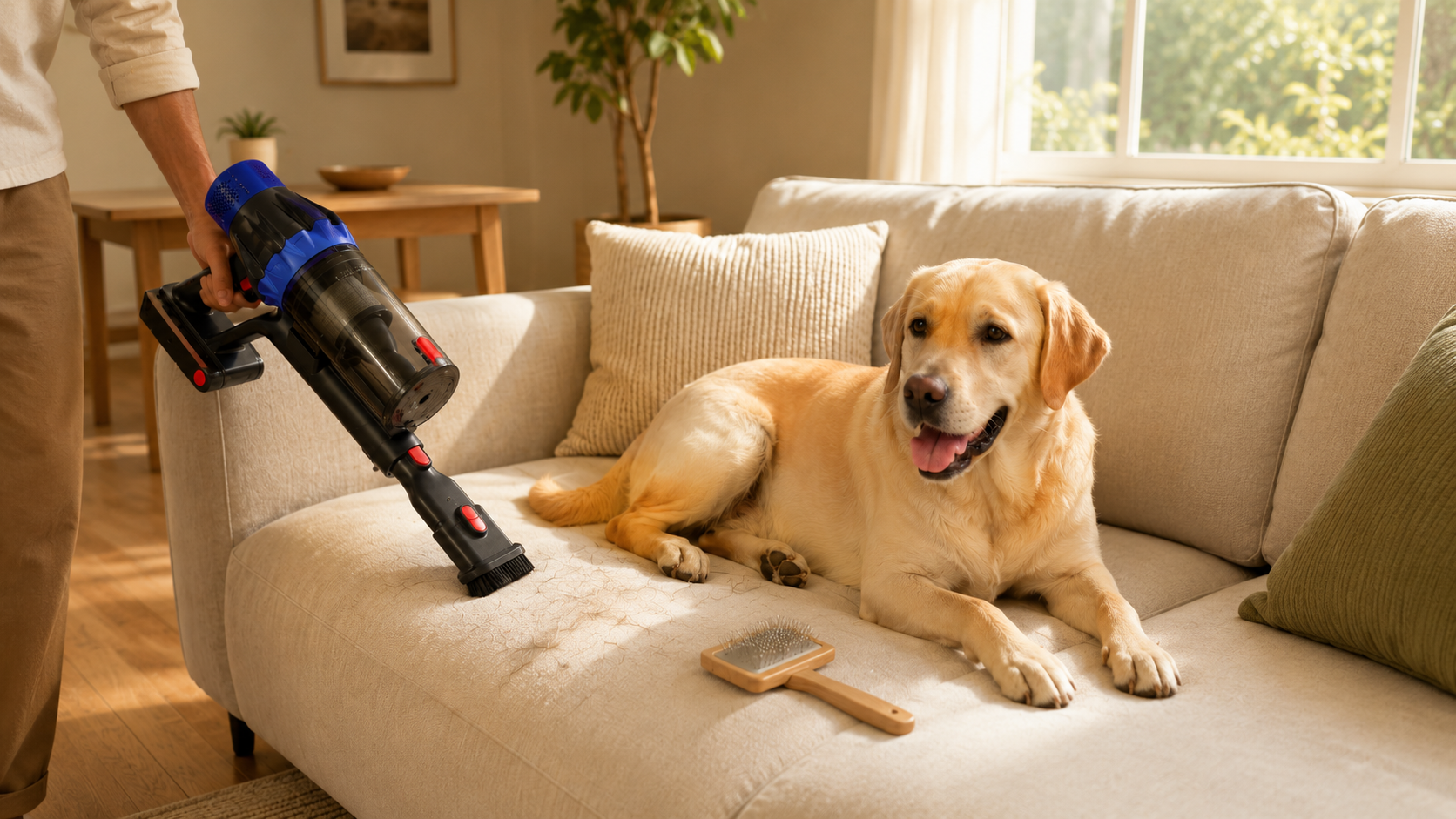 A cordless vacuum cleaner removes pet hair from a beige fabric sofa while a relaxed golden Labrador lies comfortably nearby.