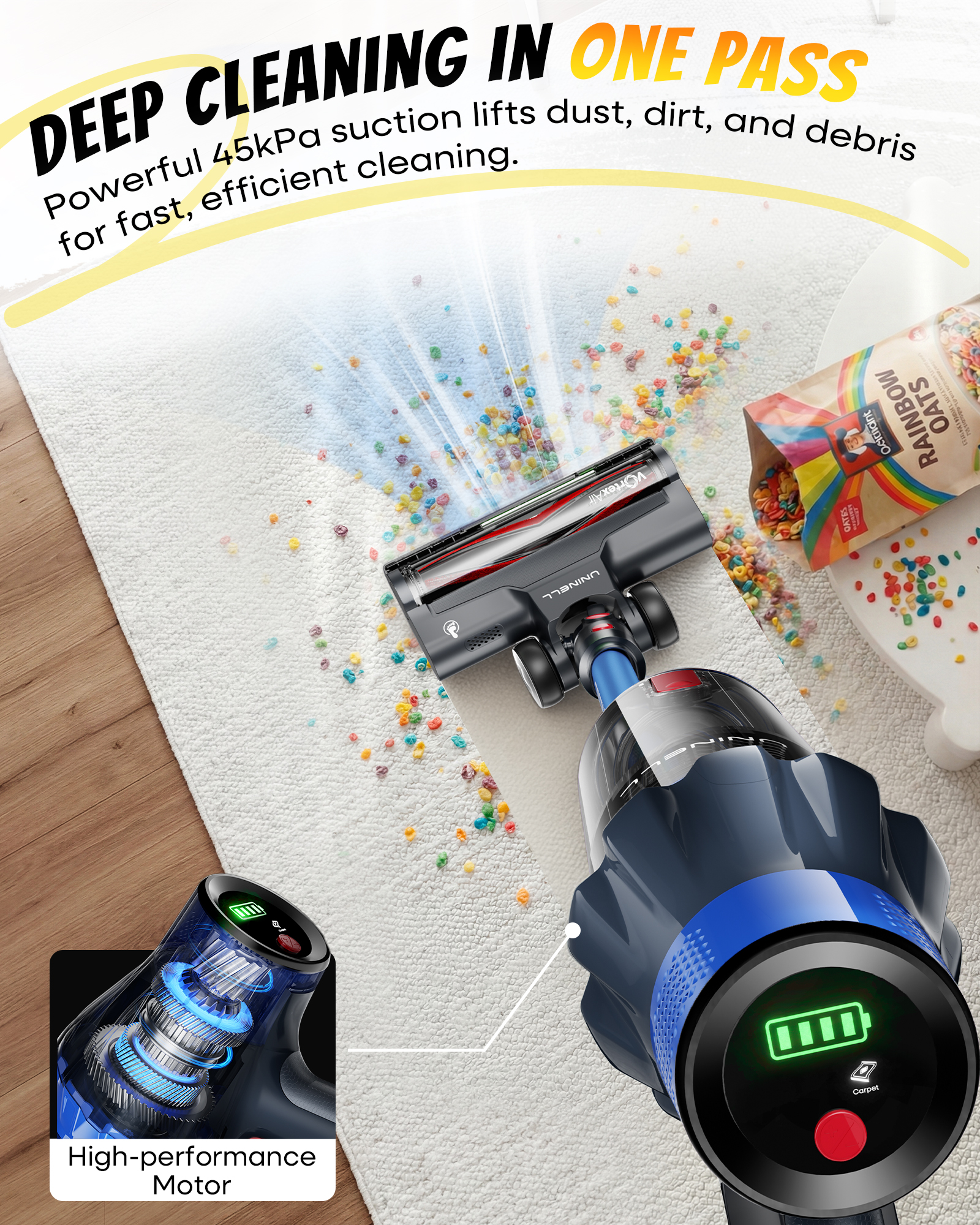 Uninell Home UV7 Cordless Vacuum Cleaner,45Kpa/500W/55min,Stick vacuum cleaner