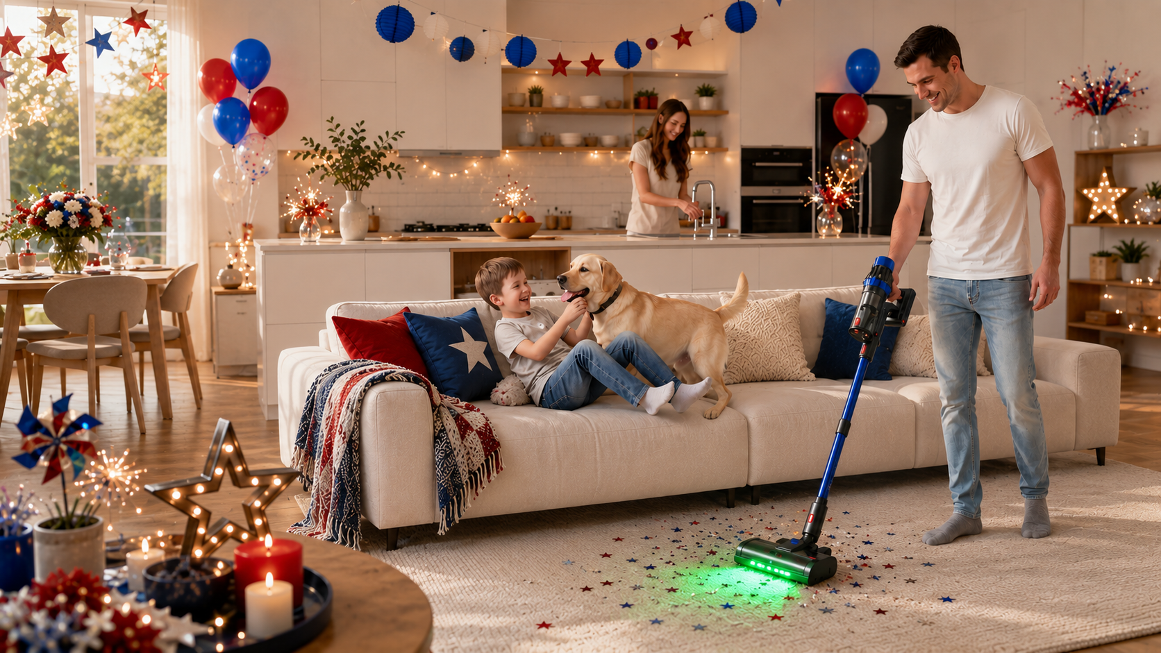 A family celebrates in a festive living room — father vacuums star confetti with a cordless vacuum, while son plays with golden retriever on sofa, mother washes dishes in kitchen. Red, white, blue decor, balloons, and string lights create holiday cheer.