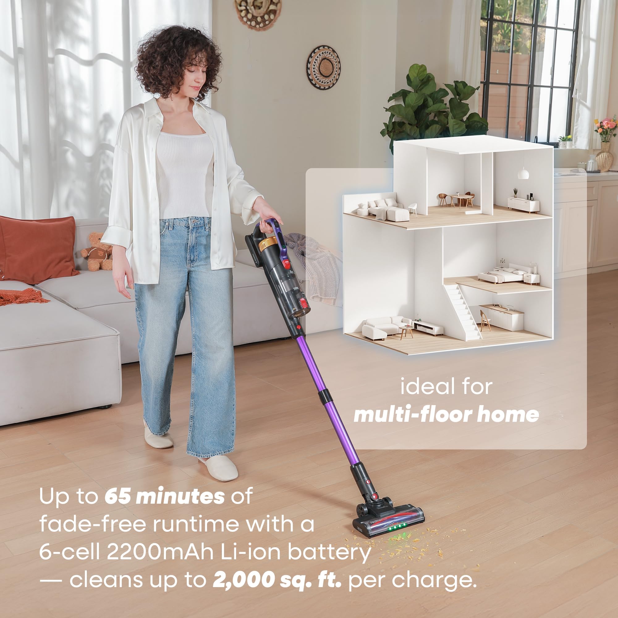 UNINELL HOME UV2 Cordless Vacuum Cleaner, 48000Pa 550W 65Mins Vacuum Cleaners for Home, Self-Standing&Wall Mount Charging