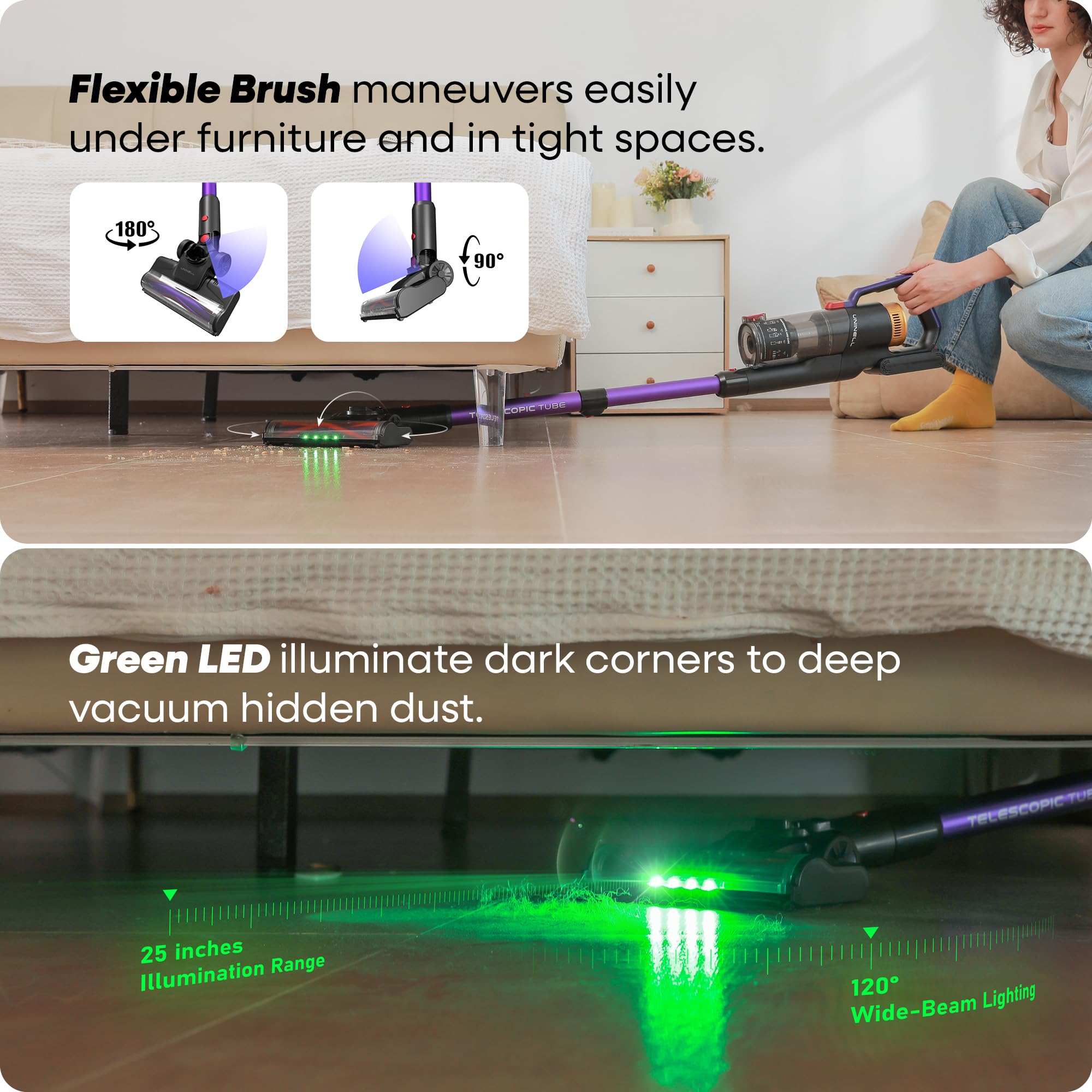 UNINELL HOME UV2 Cordless Vacuum Cleaner, 48000Pa 550W 65Mins Vacuum Cleaners for Home, Self-Standing&Wall Mount Charging