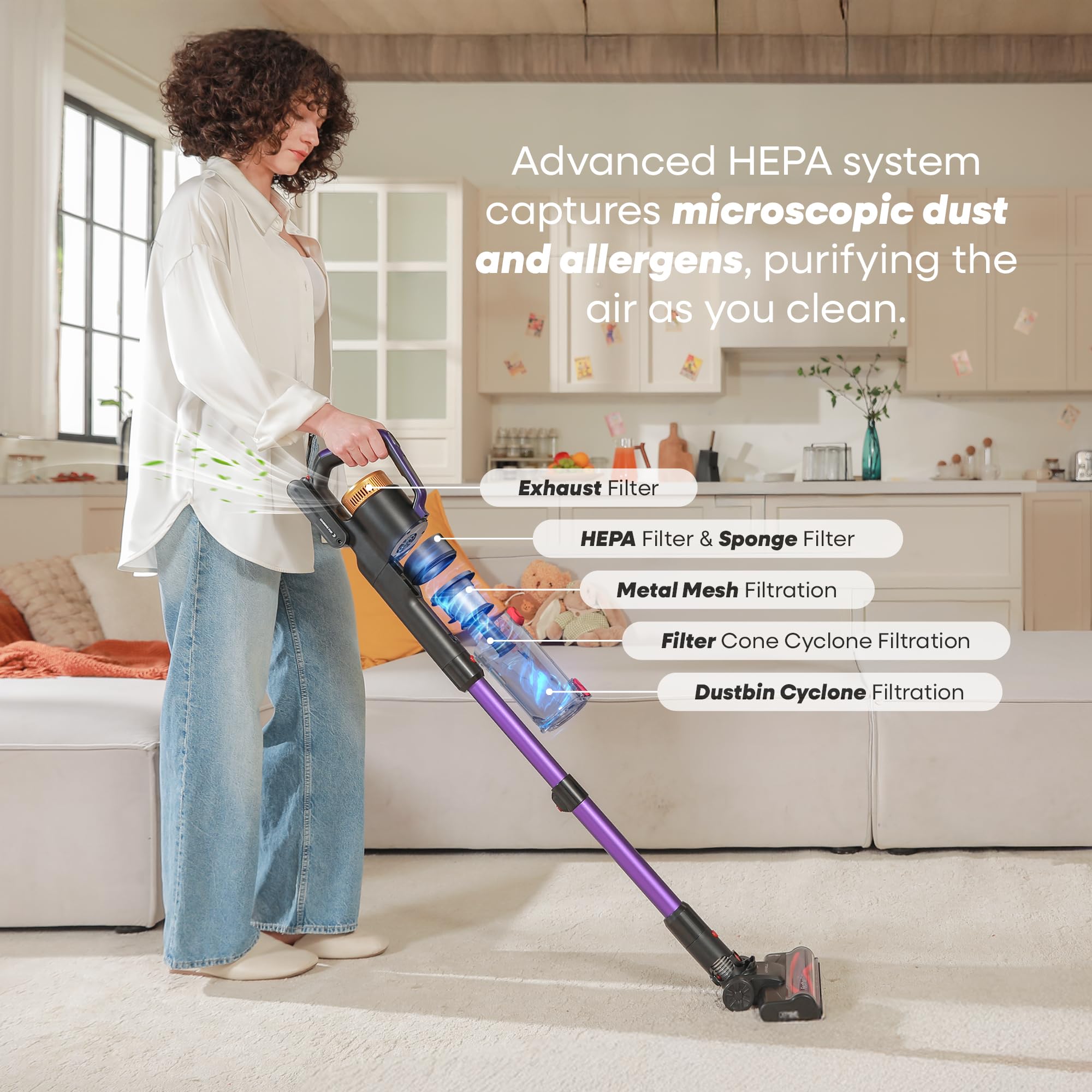 UNINELL HOME UV2 Cordless Vacuum Cleaner, 48000Pa 550W 65Mins Vacuum Cleaners for Home, Self-Standing&Wall Mount Charging