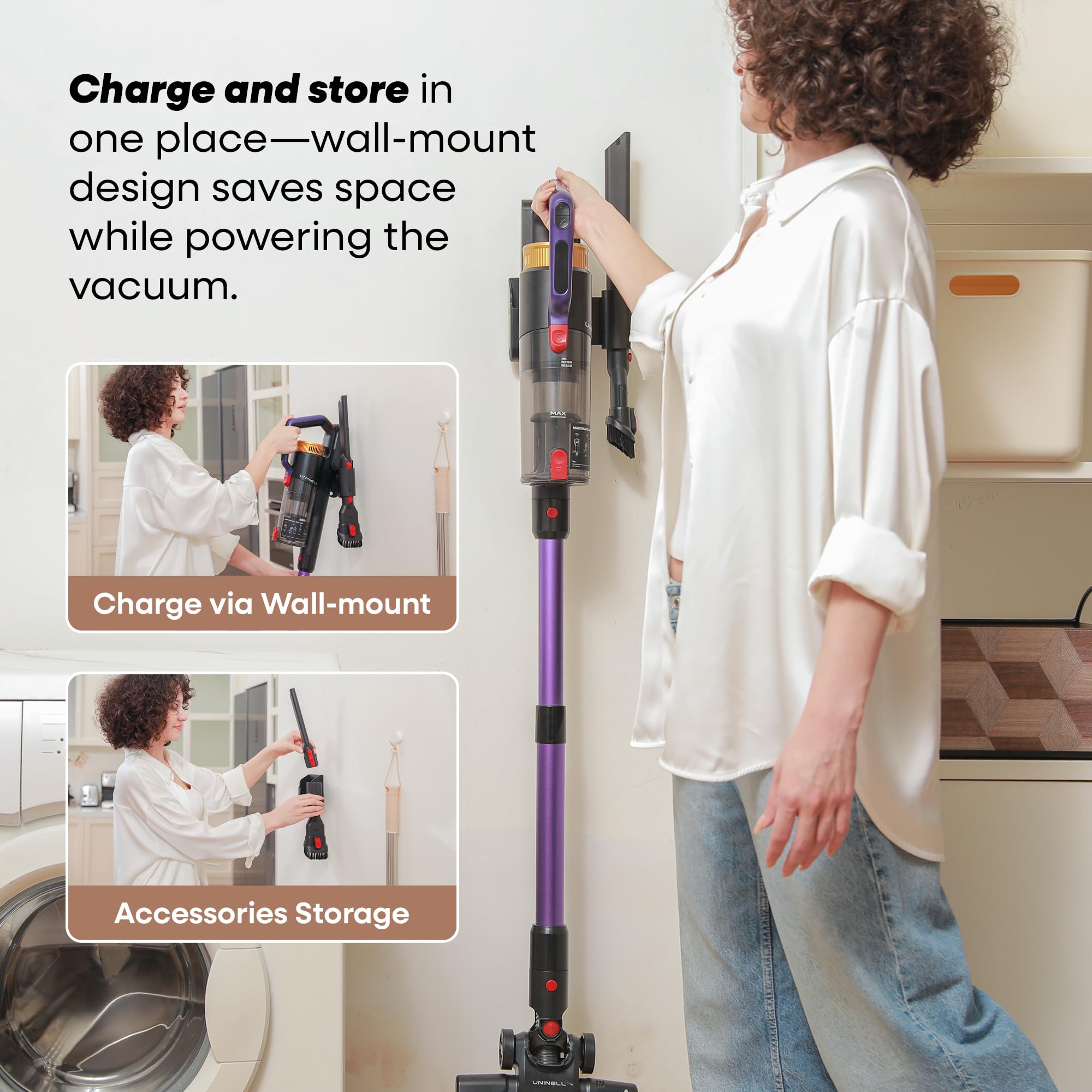 UNINELL HOME UV2 Cordless Vacuum Cleaner, 48000Pa 550W 65Mins Vacuum Cleaners for Home, Self-Standing&Wall Mount Charging