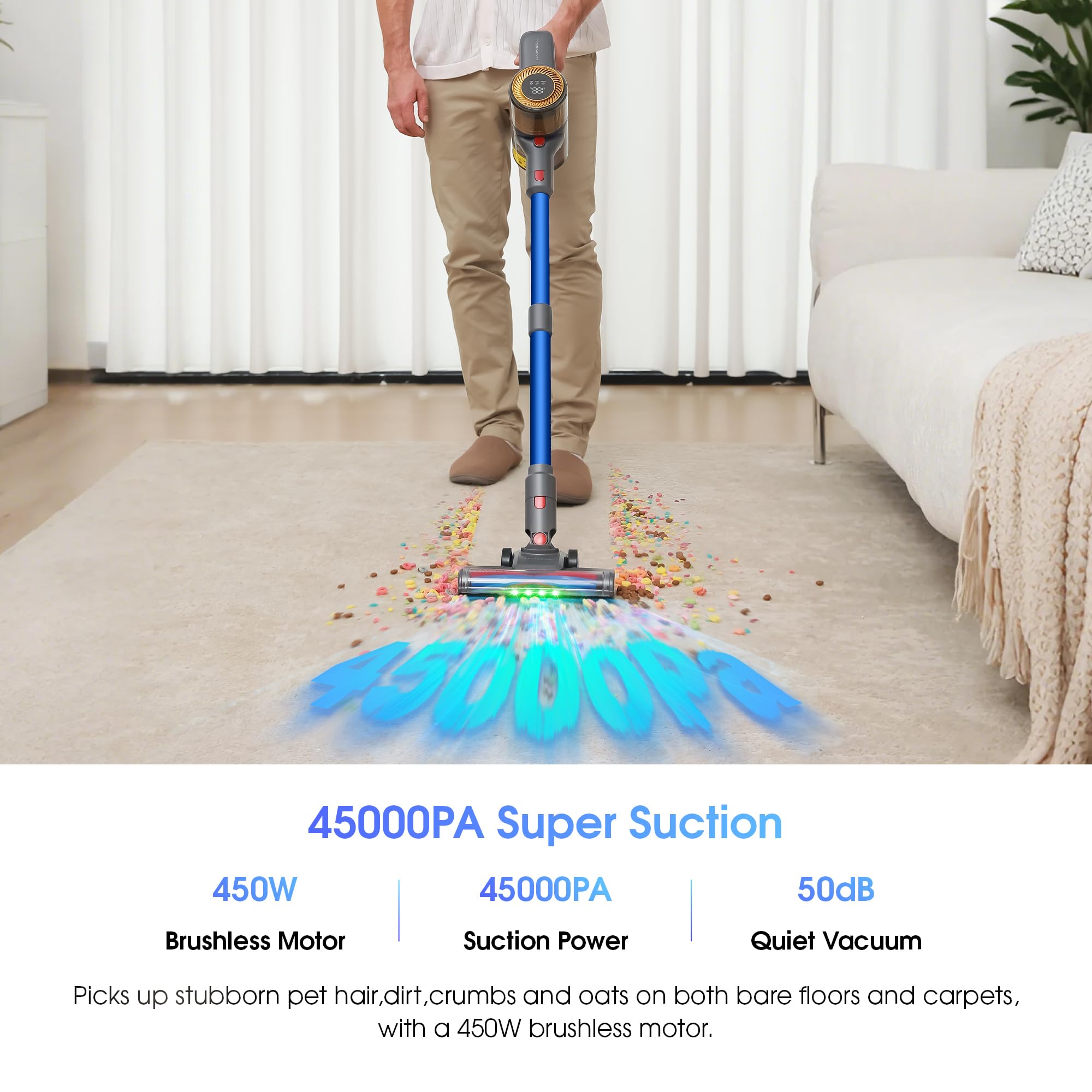 Uninell Home UV1 Cordless Vacuum Cleaner, 45,000Pa/450W Stick Vacuum Cleaners for Home, 60 Mins Runtime, Self-Standing
