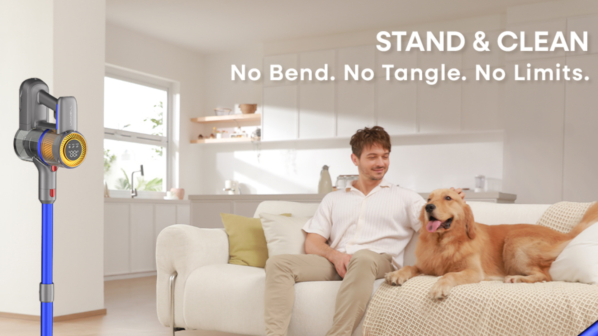 UNINELL HOME UV1 cordless vacuum cleaner with stand, displayed in a bright living room with a man and golden retriever on the sofa. Tagline: "STAND & CLEAN No Bend. No Tangle. No Limits."
