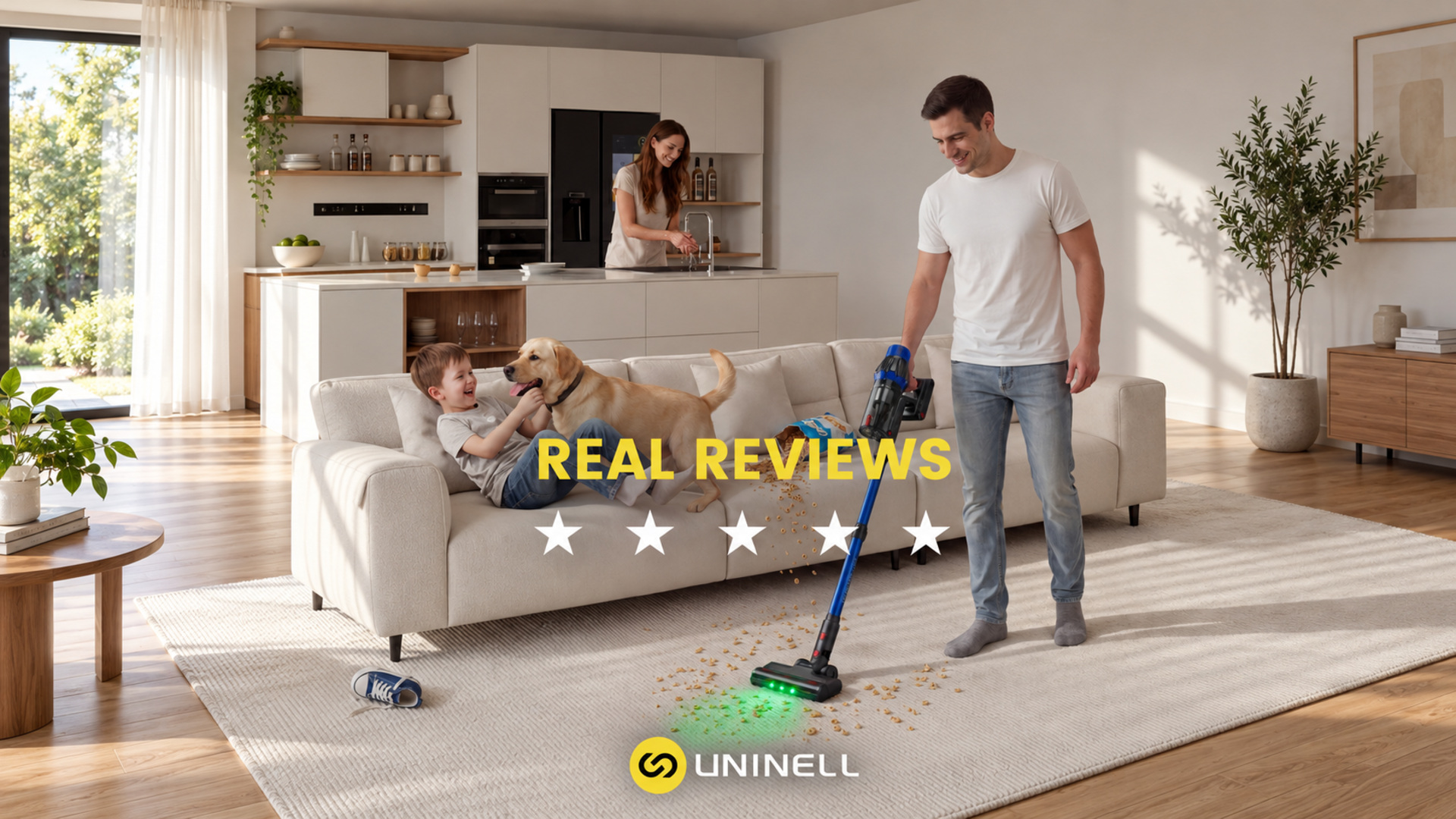 UNINELL UV7 cordless vacuum cleaning cereal crumbs in a bright family living room with a child and dog, featuring real customer reviews.