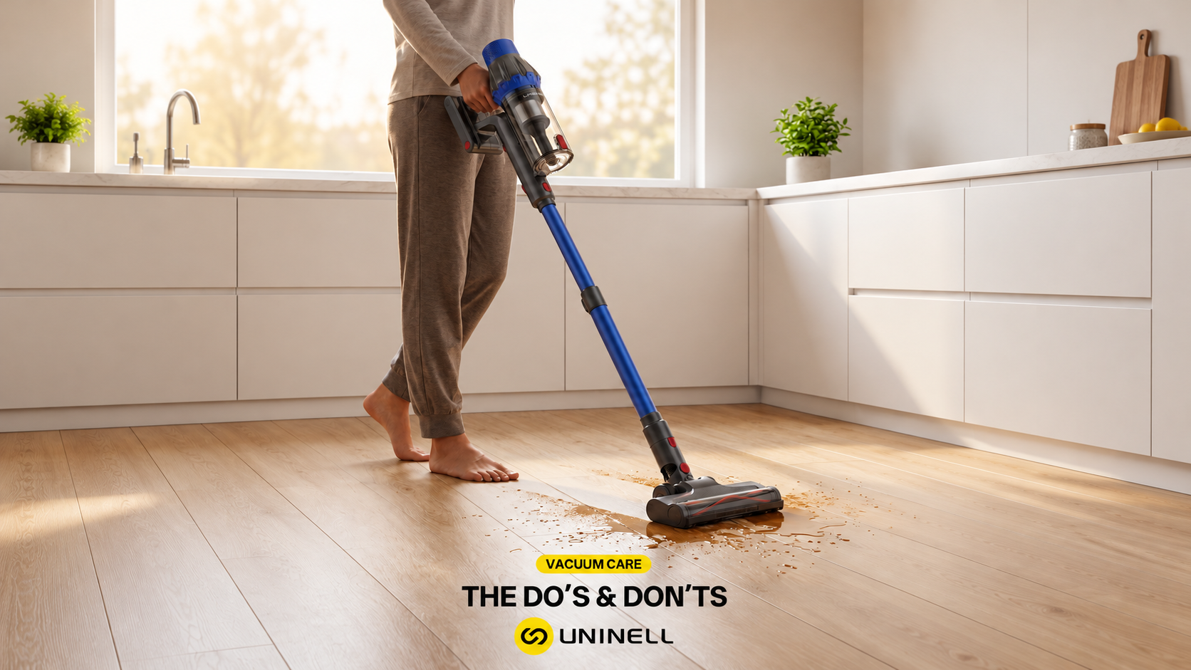 A person using a cordless vacuum to clean a wet food spill and crumbs from a kitchen floor, with “Vacuum Care: The Do’s & Don’ts” and the UNINELL logo.