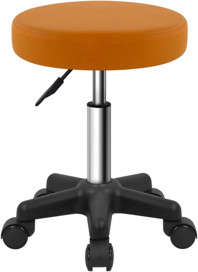 Round Rolling Stool Height Adjustable Stool with Wheels for Spa Salon Massage Pale Brown