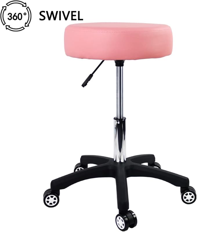Big Rolling Stool with Silent Wheels for Salon Massage Spa Round Thickening Cushions Shop Stool(Pink)