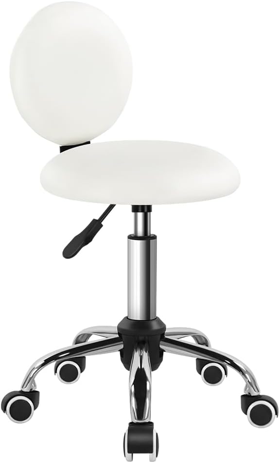 Mini Round Rolling Stool with Back Height Adjustable Stool on Wheels for Spa Salon Massage White