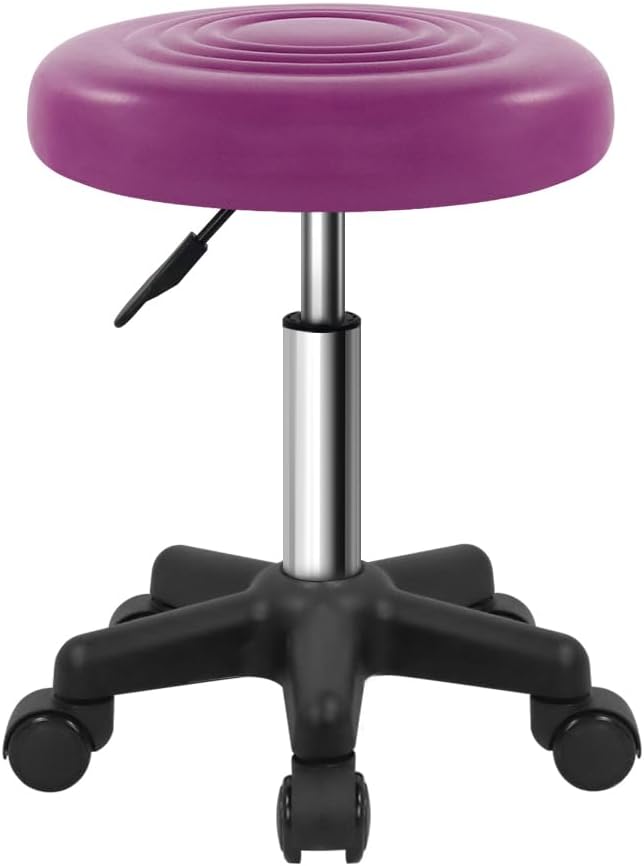 Round Swivel Stool with Wheels PU Leahter Rolling Stool Height Adjustable Stool for Spa Salon Massage Purple