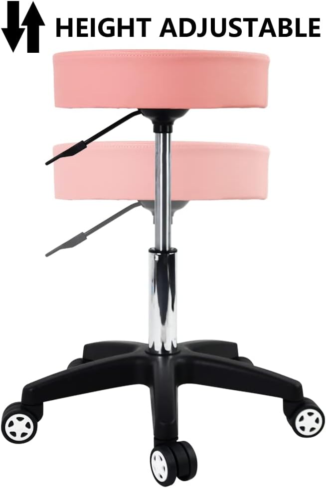 Rolling Stool with Wheels Adjustable Task Chair Swivel Salon Stool Office Desk Stool Round Shop Stool Pink