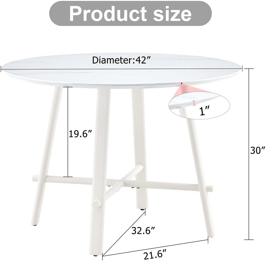 42'' White Round Dining Table, Dining Table for Small Space, Dining Room Table for 4