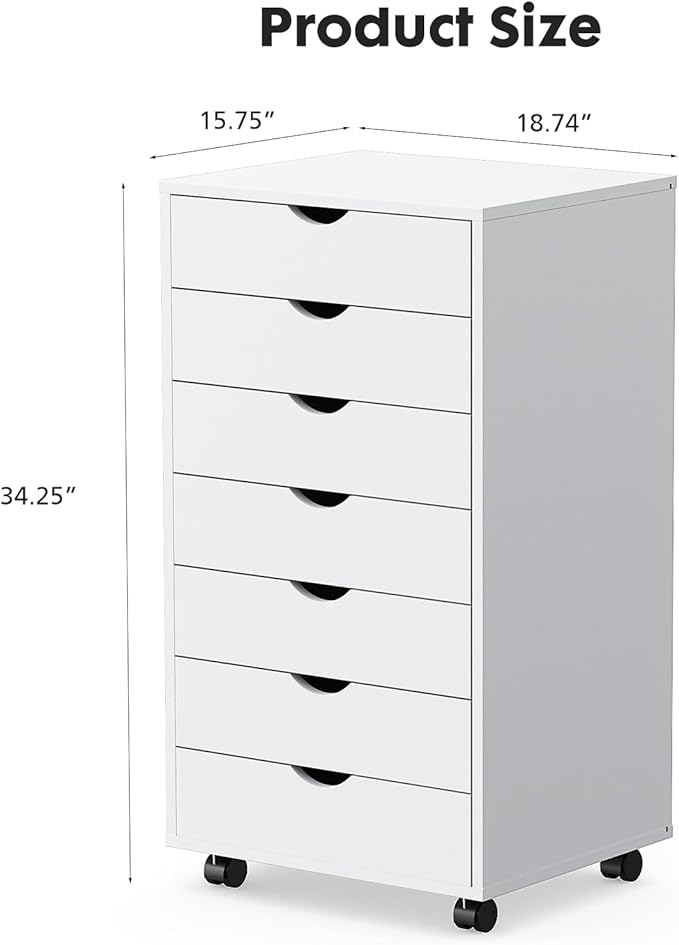 7 Drawer Chest Wood File Cabinet Rolling Organization Storage Dresser with Wheels for Home Office
