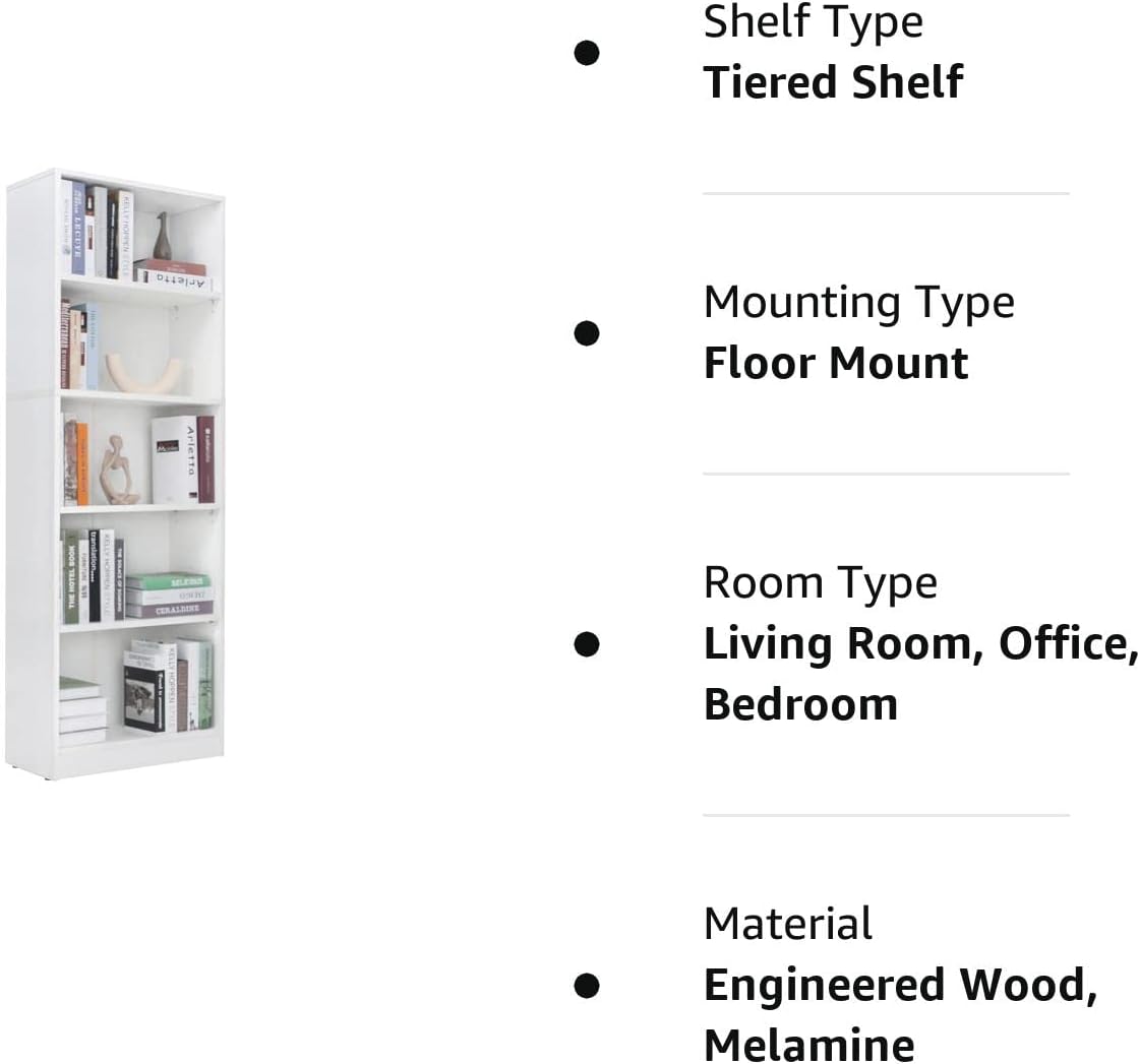 5 Shelf Wood Bookcase Freestanding Display Shelf