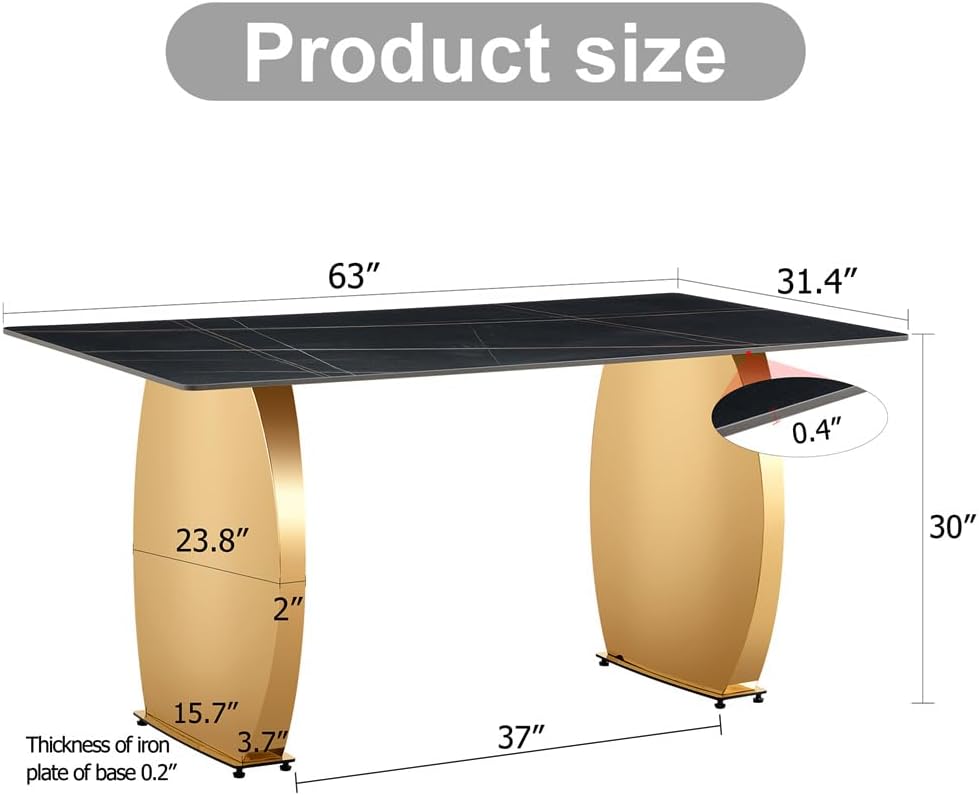 63" Sintered Stone Dining Table, Sintered Stone Table Top and Metal Leg
