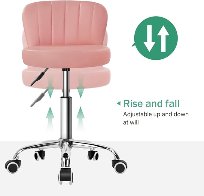Pink Rolling Stool with Back Height Adjustable Drafting Chair for Salon Spa