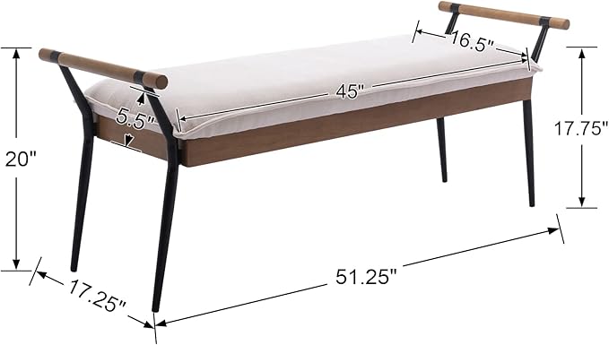 Modern Rectangle Ottoman Bench with Arms and Metal Legs