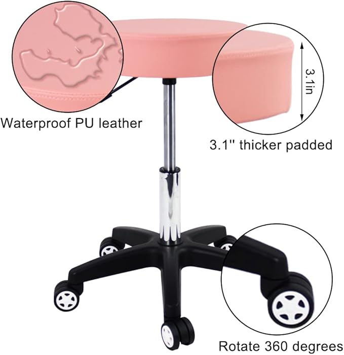 Rolling Stool with Wheels Adjustable Task Chair Swivel Salon Stool Office Desk Stool Round Shop Stool Pink