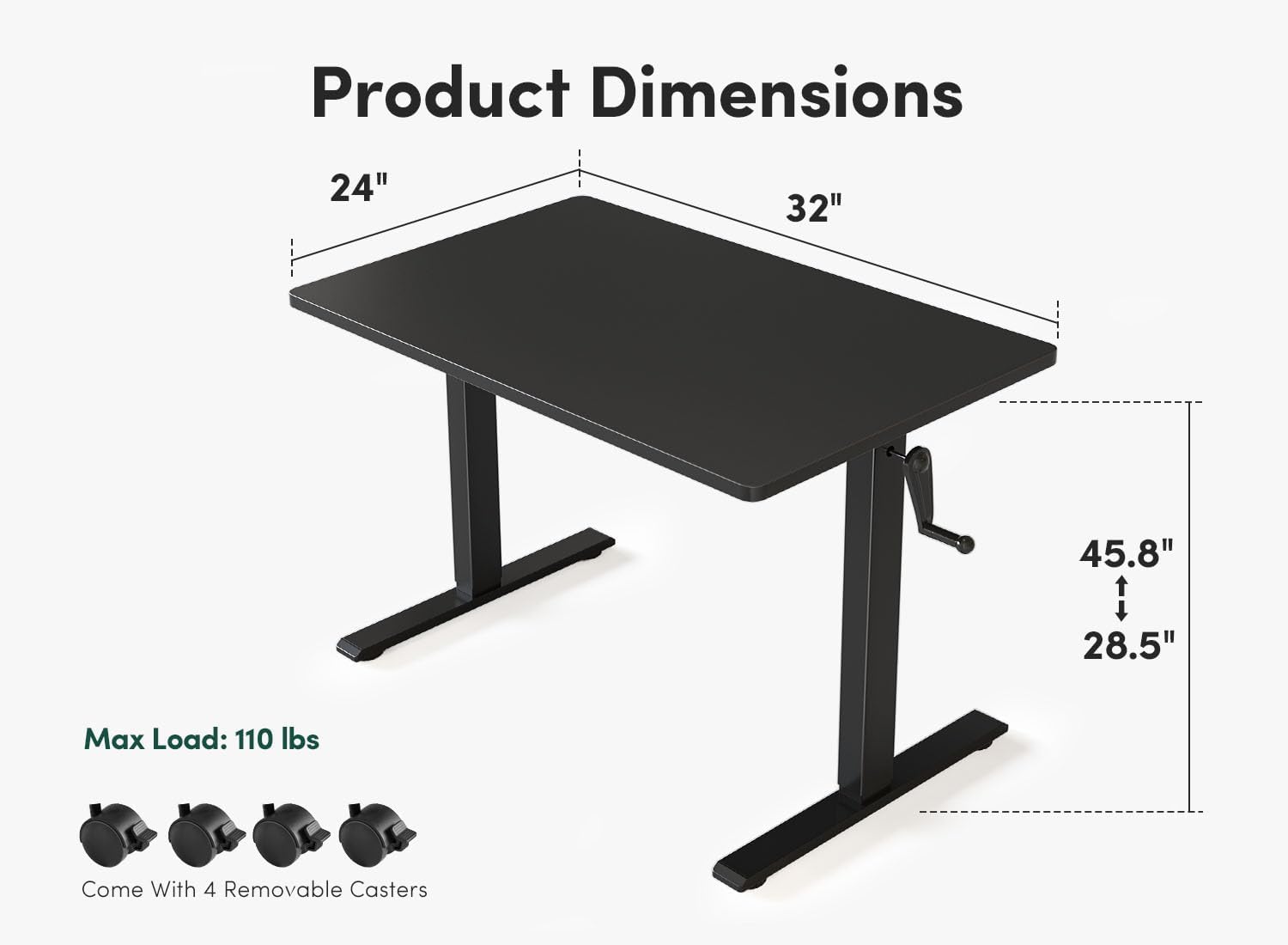32" Whole Piece Crank Height Adjustable Desk, 32 Inches Manual Standing Desk