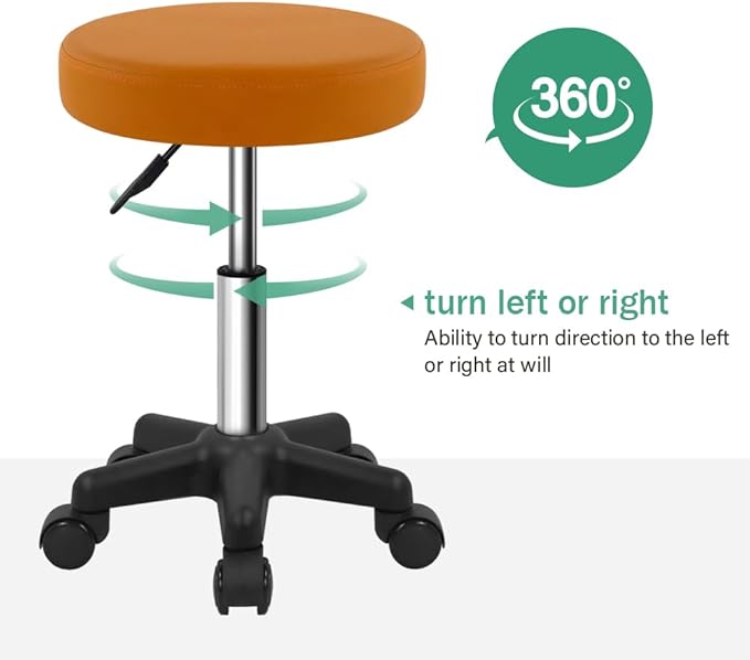 Round Rolling Stool Height Adjustable Stool with Wheels for Spa Salon Massage Pale Brown