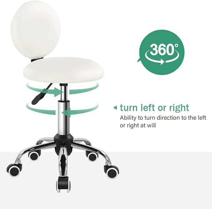 Mini Round Rolling Stool with Back Height Adjustable Stool on Wheels for Spa Salon Massage White