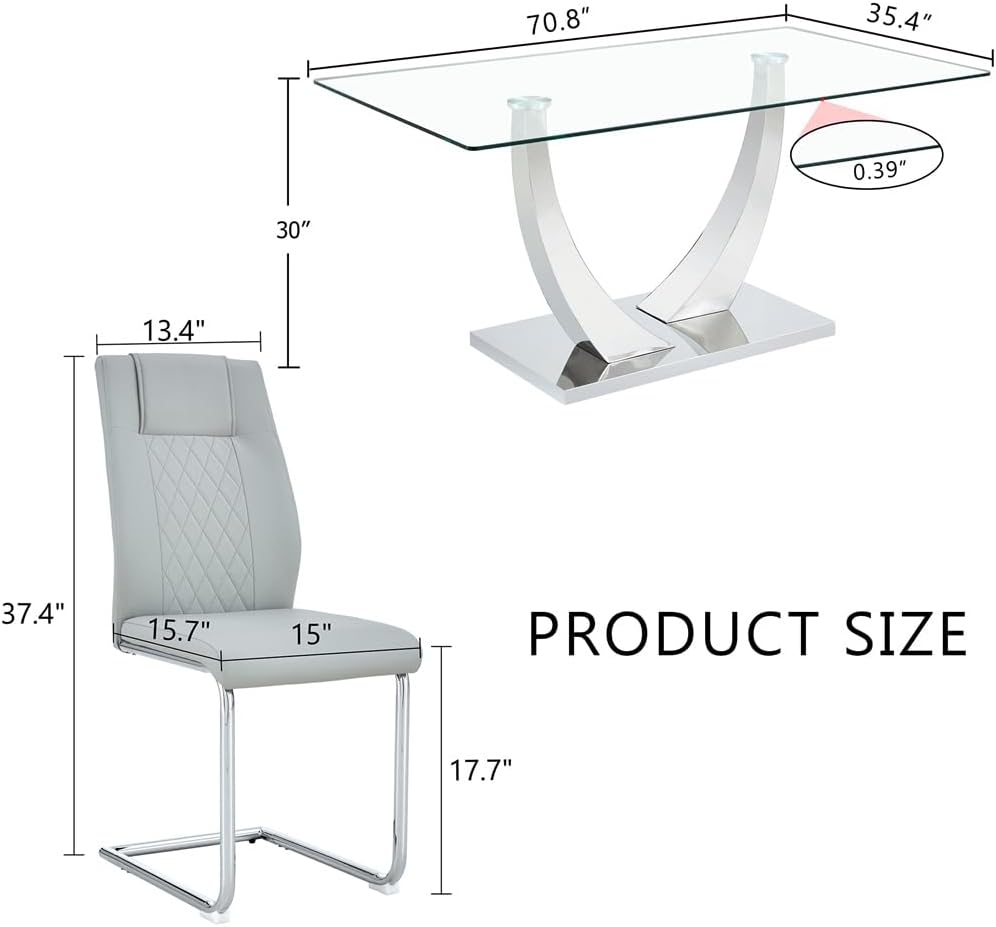 Glass Dining Table Set for 6, 71''Tempered Glass Tabletop and Stainless Steel U-shaped Leg and Base