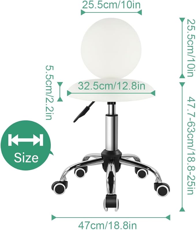 Mini Round Rolling Stool with Back Height Adjustable Stool on Wheels for Spa Salon Massage White