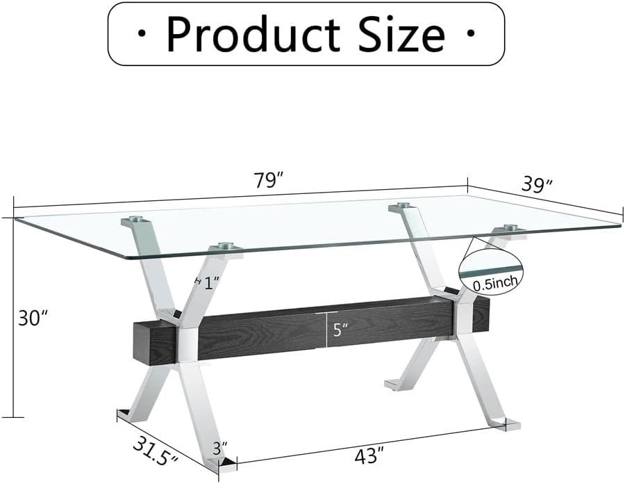79" Glass Dining Table, Tempered Glass Tabletop + Metal Leg + MDF Crossbars
