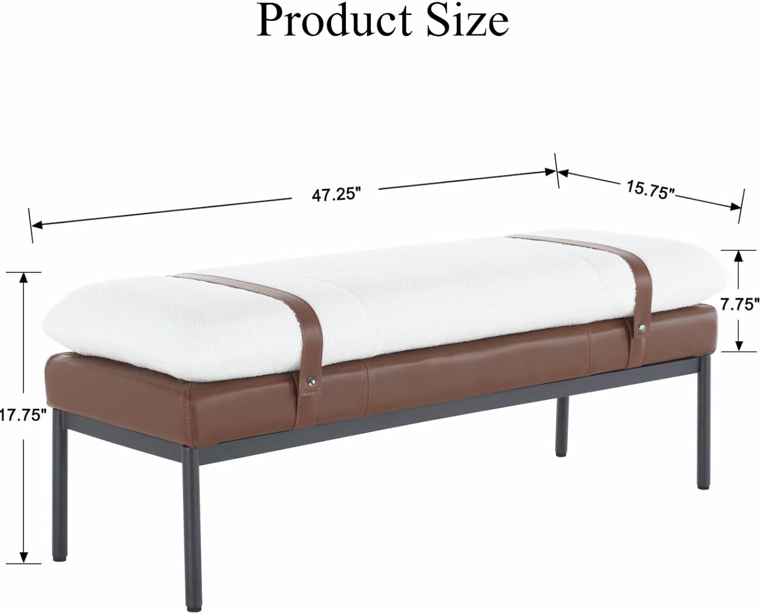 Industrial Modern Sherpa Rectangle Ottoman Bench with PU Strap and Metal Legs