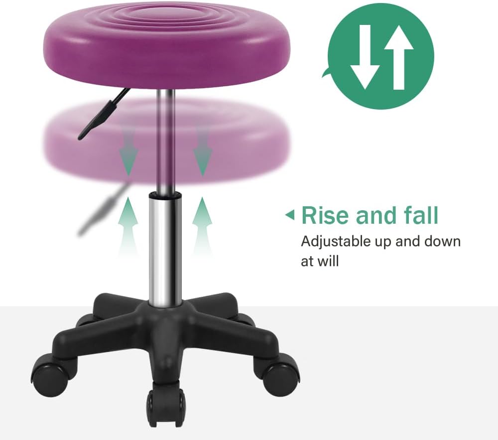 Round Swivel Stool with Wheels PU Leahter Rolling Stool Height Adjustable Stool for Spa Salon Massage Purple