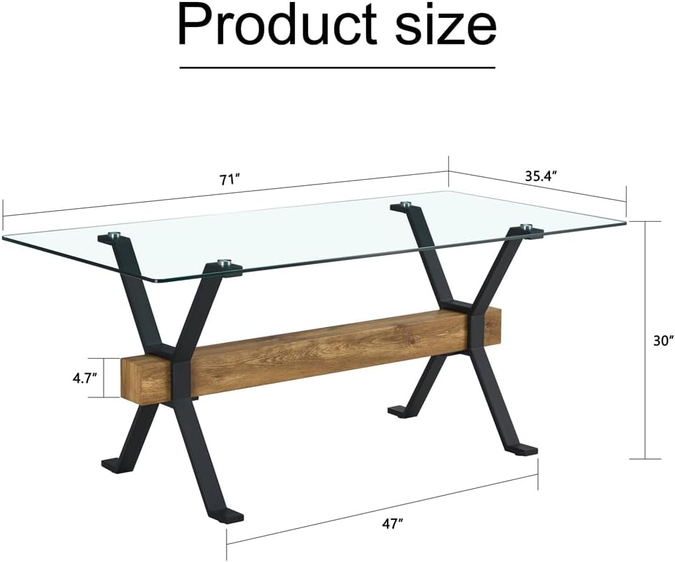 71" Glass Dining Table, Tempered Glass Tabletop + Metal Leg + MDF Crossbars