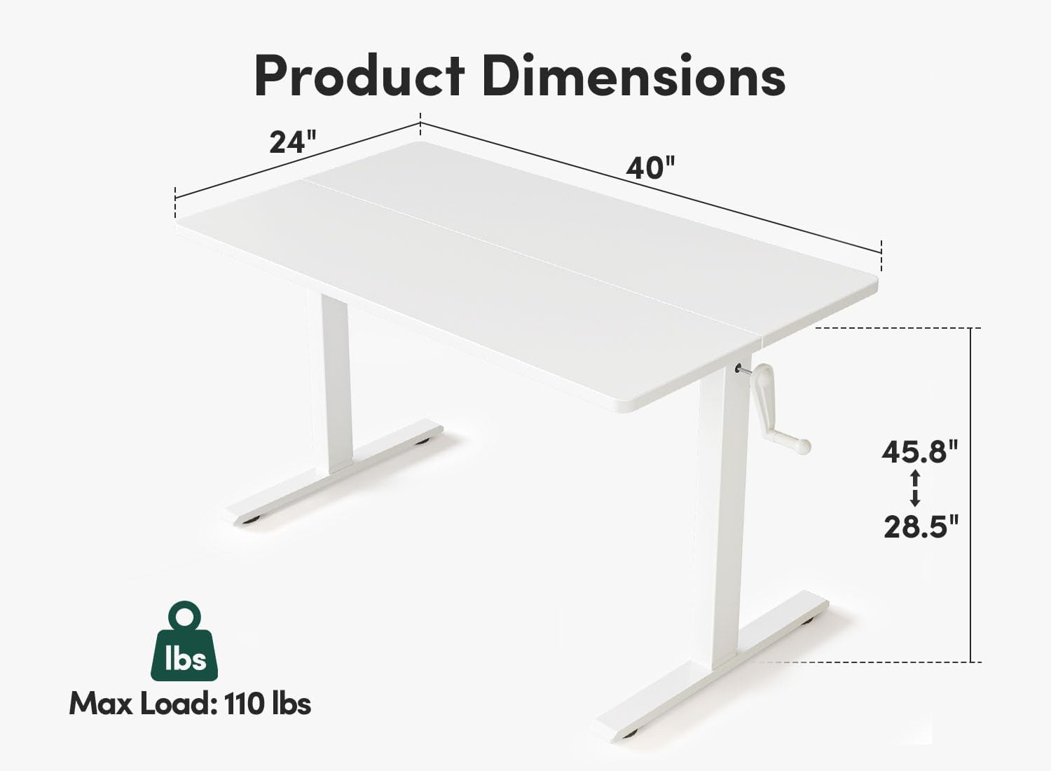 Crank Height Adjustable Desk, 40 Inches Manual Standing Desk, Writing Table with Handle