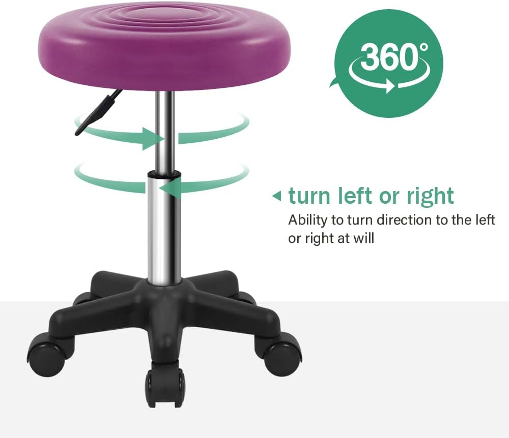Round Swivel Stool with Wheels PU Leahter Rolling Stool Height Adjustable Stool for Spa Salon Massage Purple