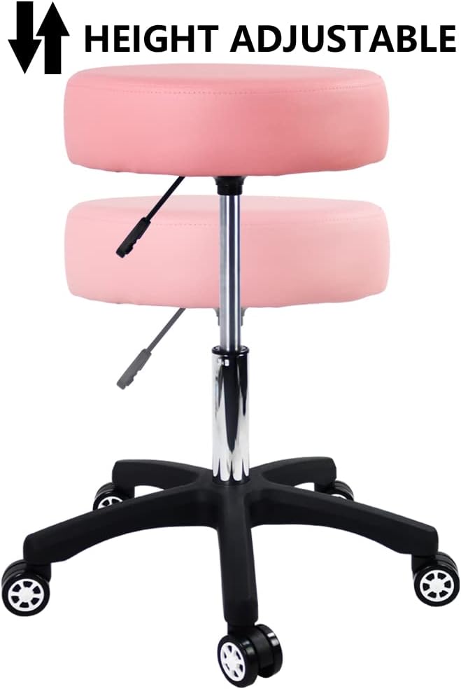 Big Rolling Stool with Silent Wheels for Salon Massage Spa Round Thickening Cushions Shop Stool(Pink)
