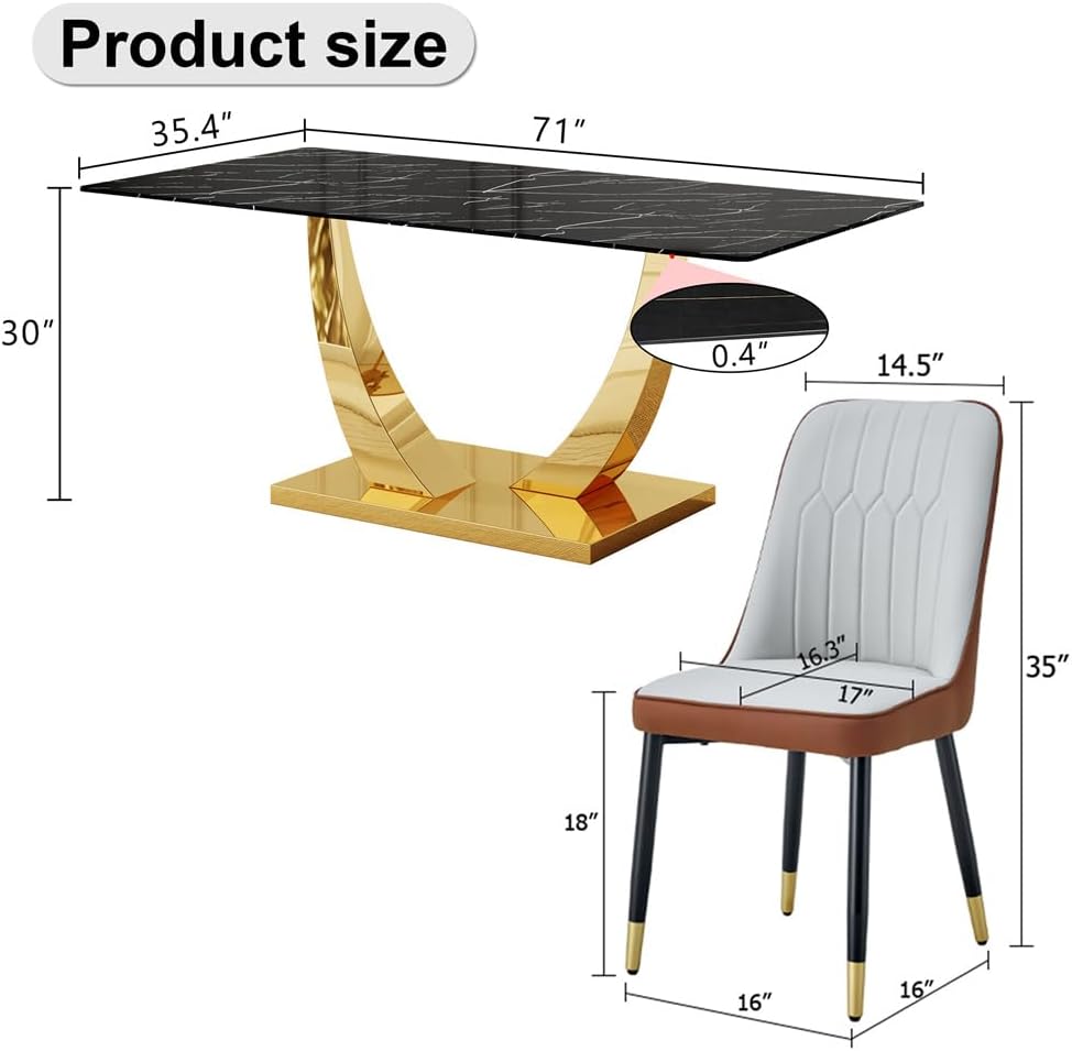 71" Dining Table Set for 8, Faux Marble Dining Room Table Top with Metal U-Shaped Leg and Base